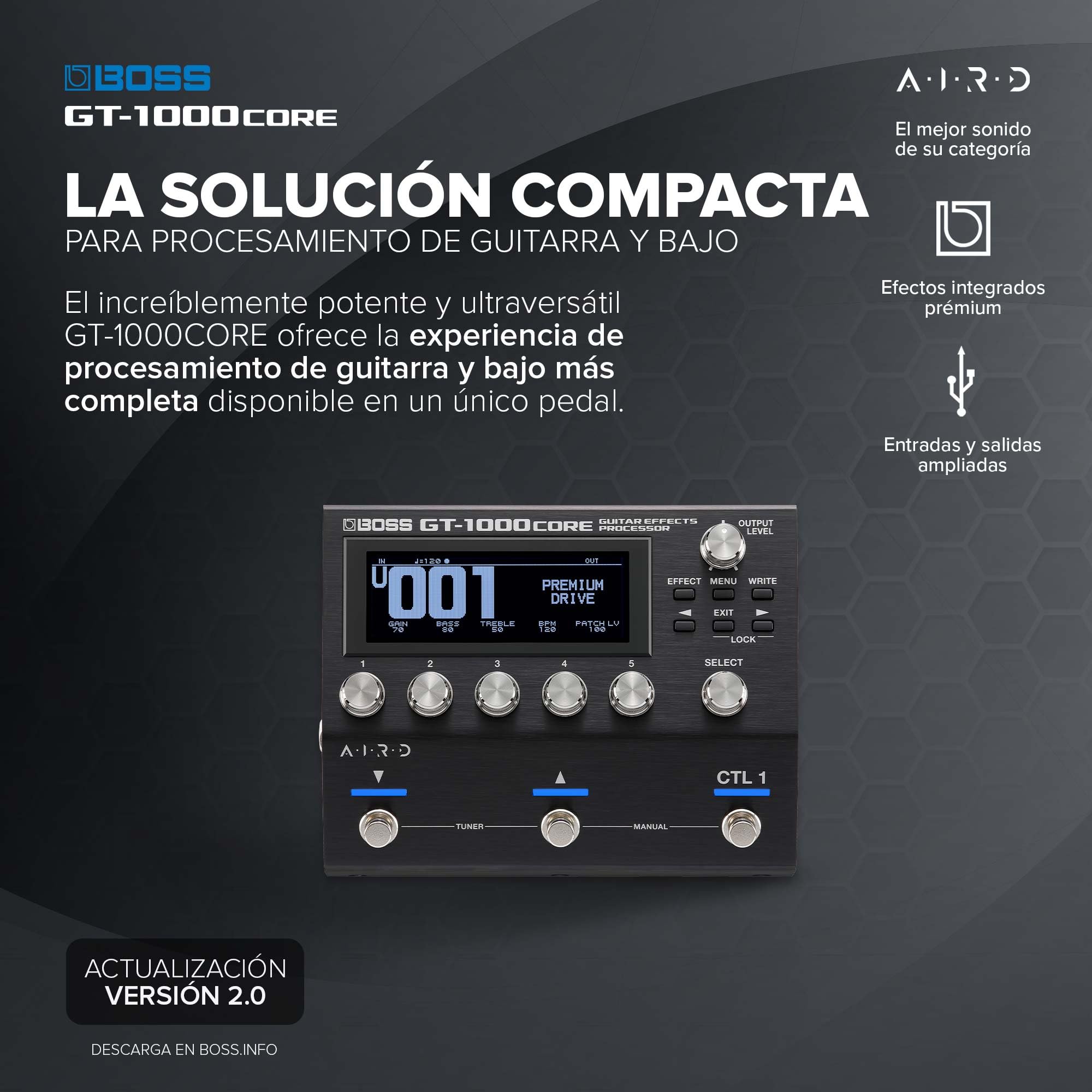BOSS GT-1000CORE | Procesador de efectos de guitarra compacto | Amplis de guitarra ultraversátiles creados con AIRD | Efectos integrados prémium