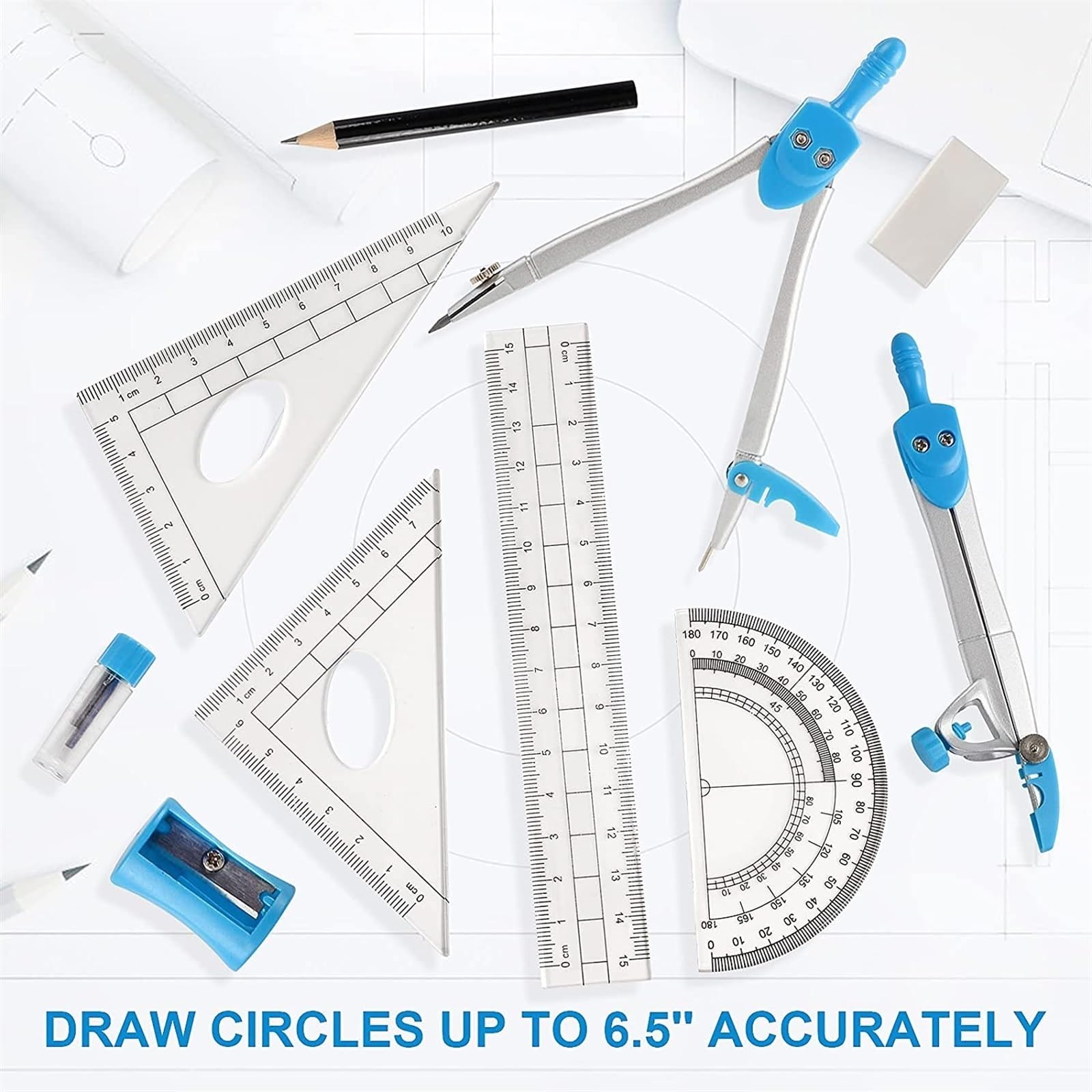 Geometrie-Set mit Zirkel, 10-teiligem Geometrie-Set, Mathematik-Werkzeugset mit Zirkel, Winkelmesser, Bleistift, Dreieck, Minen für Schüler und technische Zeichenwerkzeuge