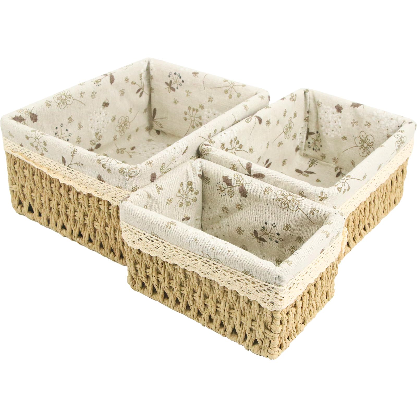 Woven Storage Baskets,3 Sizes Wicker Bathroom Basket, Hand Woven Wicker Basket Boho Small Basket with Cloth Lining for Home Kitchen Bedroom Bathroom Desk Cosmetics Toys Organizer Gift Basket