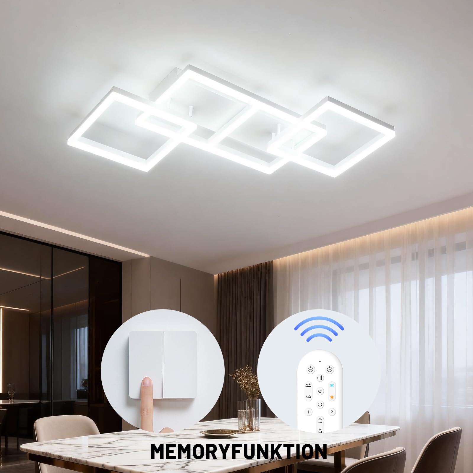 ANTENLICHT LED Deckenleuchte 85CM Dimmbar Wohnzimmer Deckenlampe 75w 7200LM, Wohnzimmerlampe mit Fernbedienung 3000K-6500K, Metall Rechteckige Schlafzimmerlampe Deckenbeleuchtung für Schlafzimmer Büro