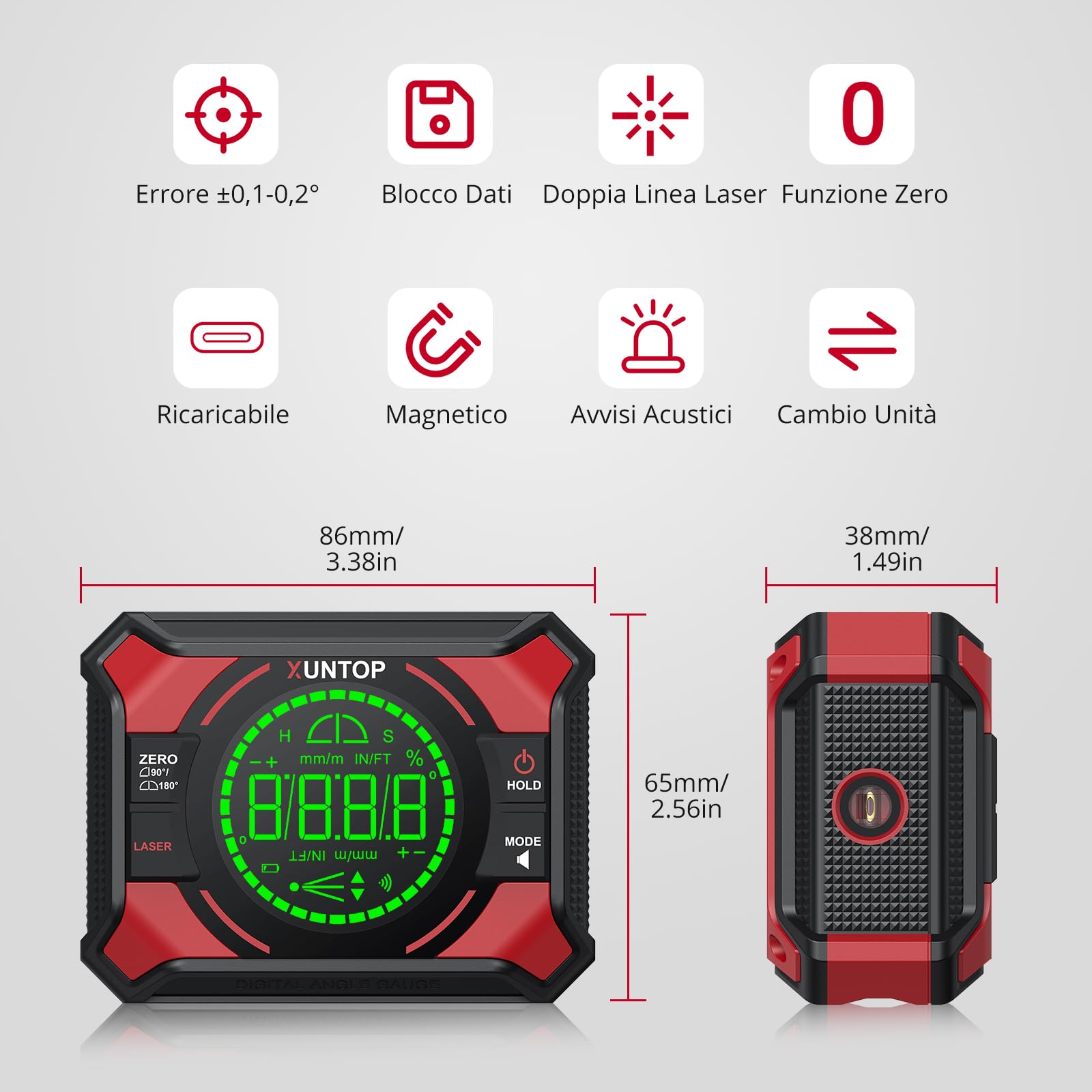 XUNTOP Digital Level Box Laser Digitale 3 in 1, Inclinometro Magnetico Ricaricabile con Livella a Croce, 4x90° e 2x180° Campo Misura, Precisione ±0.1°, Display LCD, per DIY, Falegnameria, Costruzione