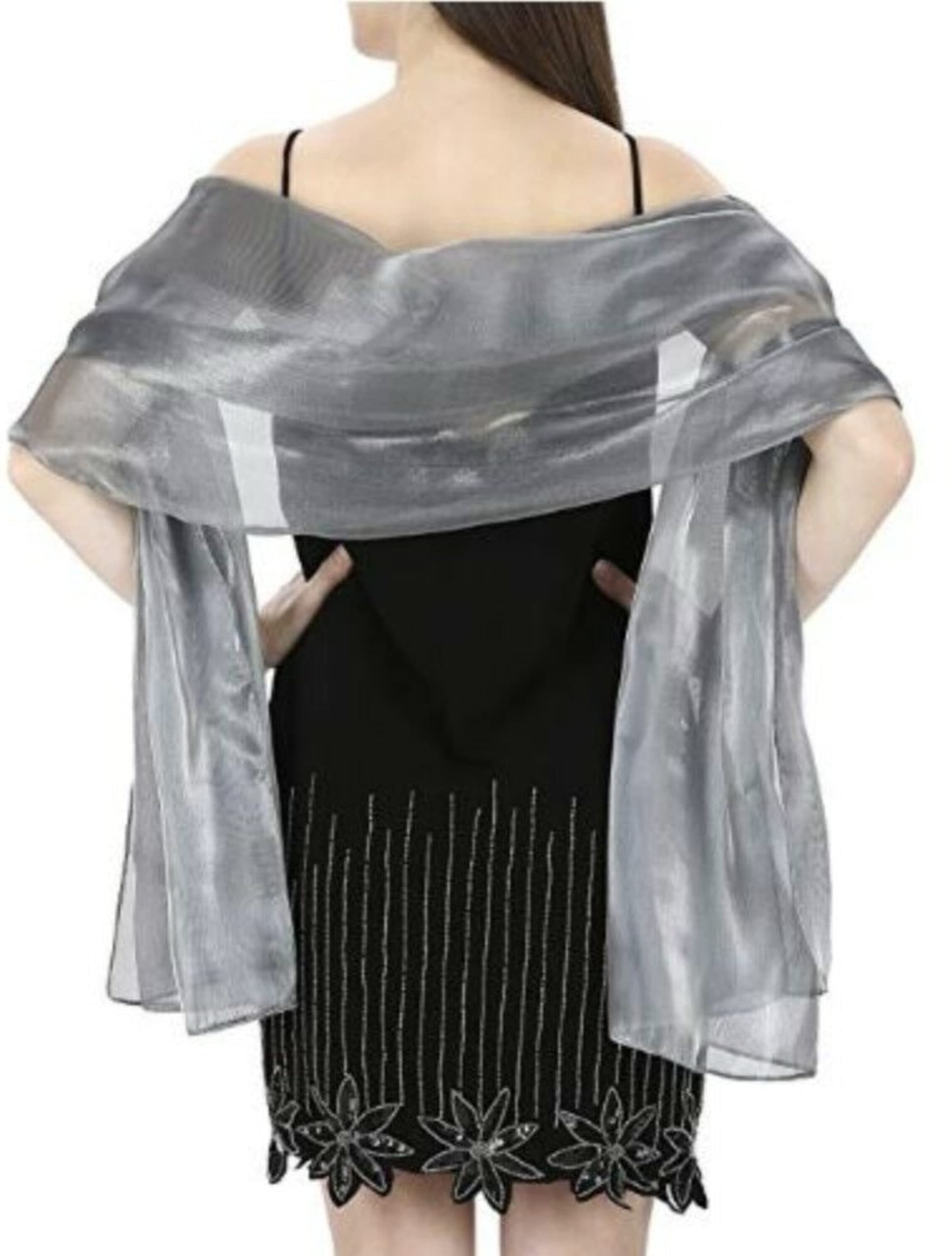 World Of Shawls Women's Silver Silky Iridescent Wrap Stole Shawl For Weddings Bridal Bridesmaids Evening Wear Prom & Parties (Silver)
