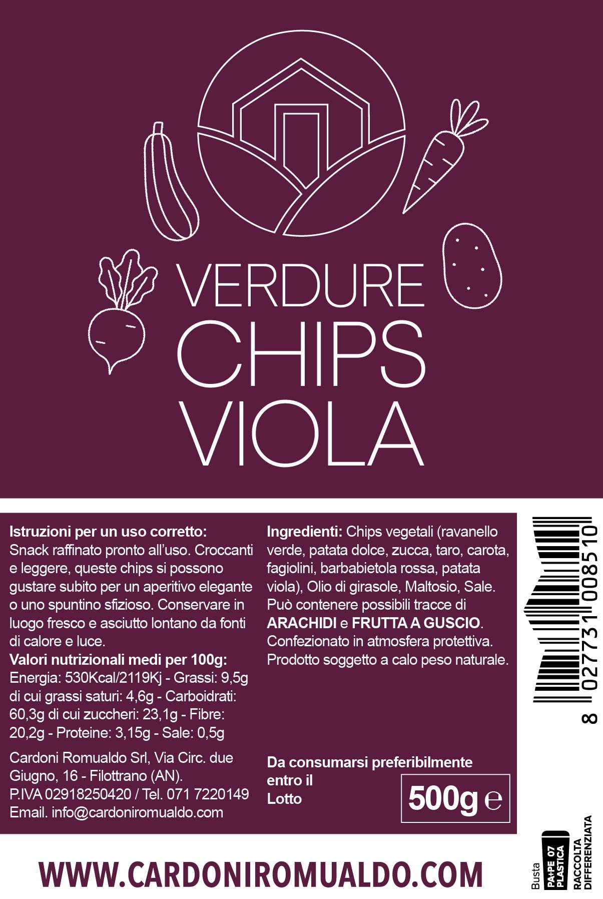 VERDURE CHIPS VIOLA | Snack di Verdure Croccanti con ravanello verde, patata dolce, zucca, taro, carota, fagiolini, barbabietola rossa e patata viola, Snack Vegetale senza Coloranti (500g)