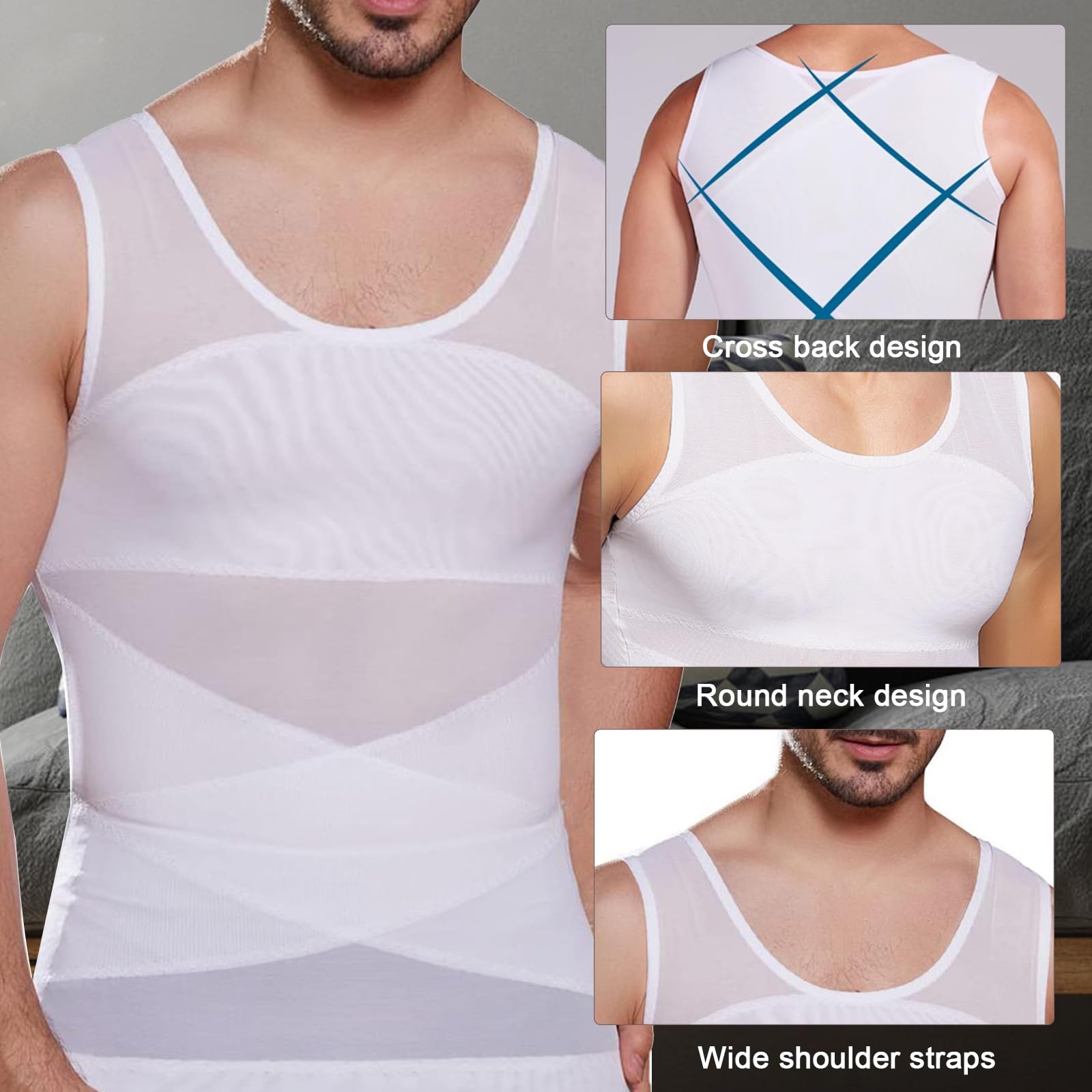 Chaleco de Compresión para Hombre, Faja Reductora, Camiseta Reductora de Compresión, Alta Elasticidad, Ideal para Gimnasio y Ejercicios de Fitness, Color Blanco