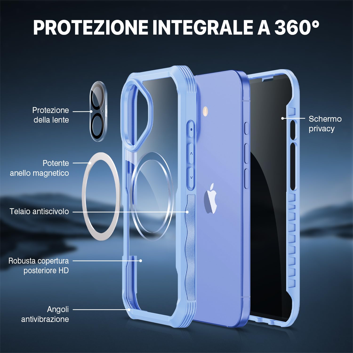 CENHUFO Magnetica Privacy Cover iPhone 16 Plus, Compatibile con Magsafe Integrata Vetro Temperato Anti Spia Schermo e Protezione Fotocamera Custodia Antiurto 360 Gradi Rugged Doppia Faccia Case -Blu
