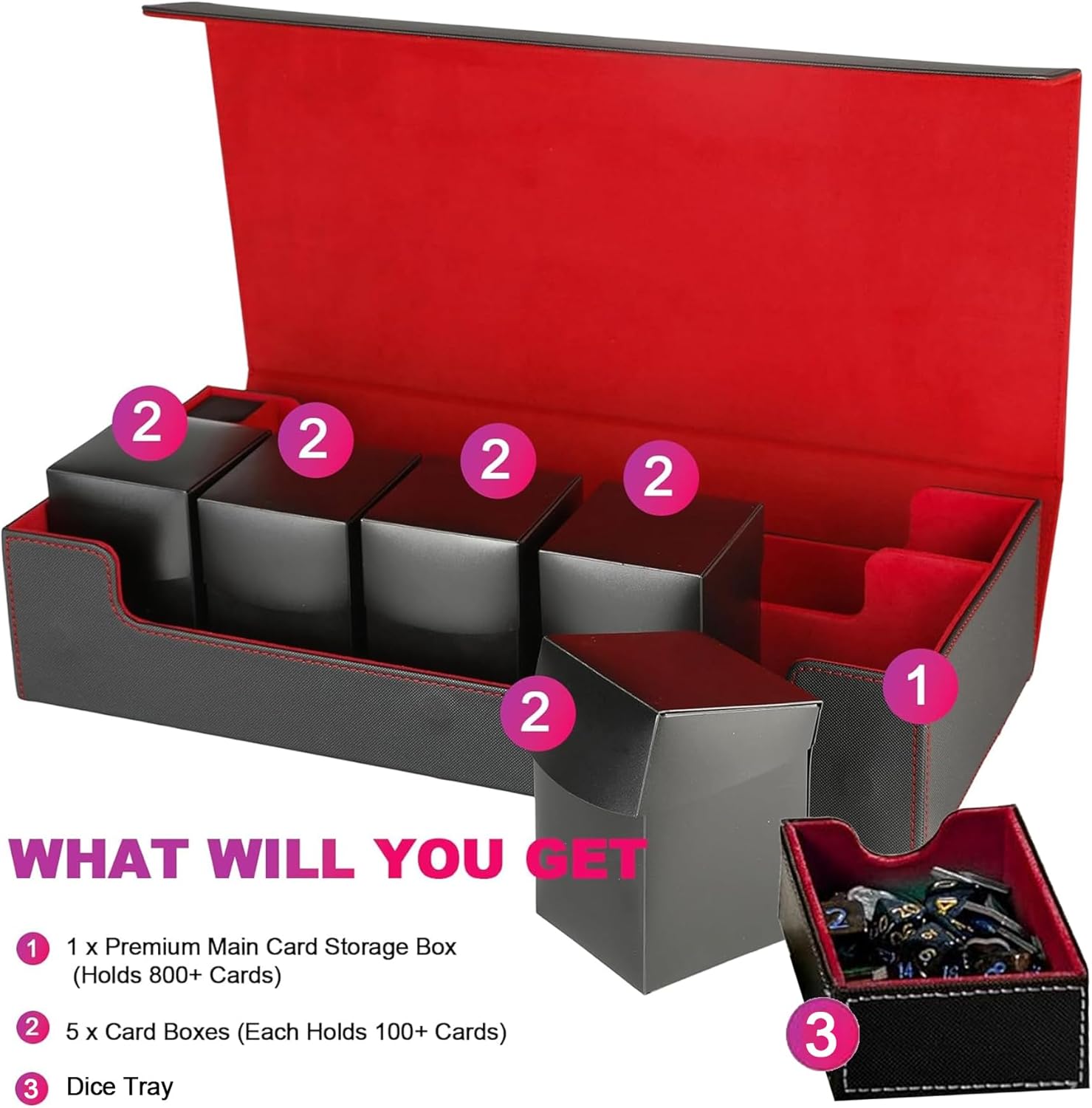 XXL TCG Card Storage Box with 5 100+ Deck Boxes – Holds 1800+ Double-Sleeved Cards – PU Leather MTG/YuGiOh/Tcg Collector Case – Strong Magnetic Clasps (6-in-1 - Black/Red)