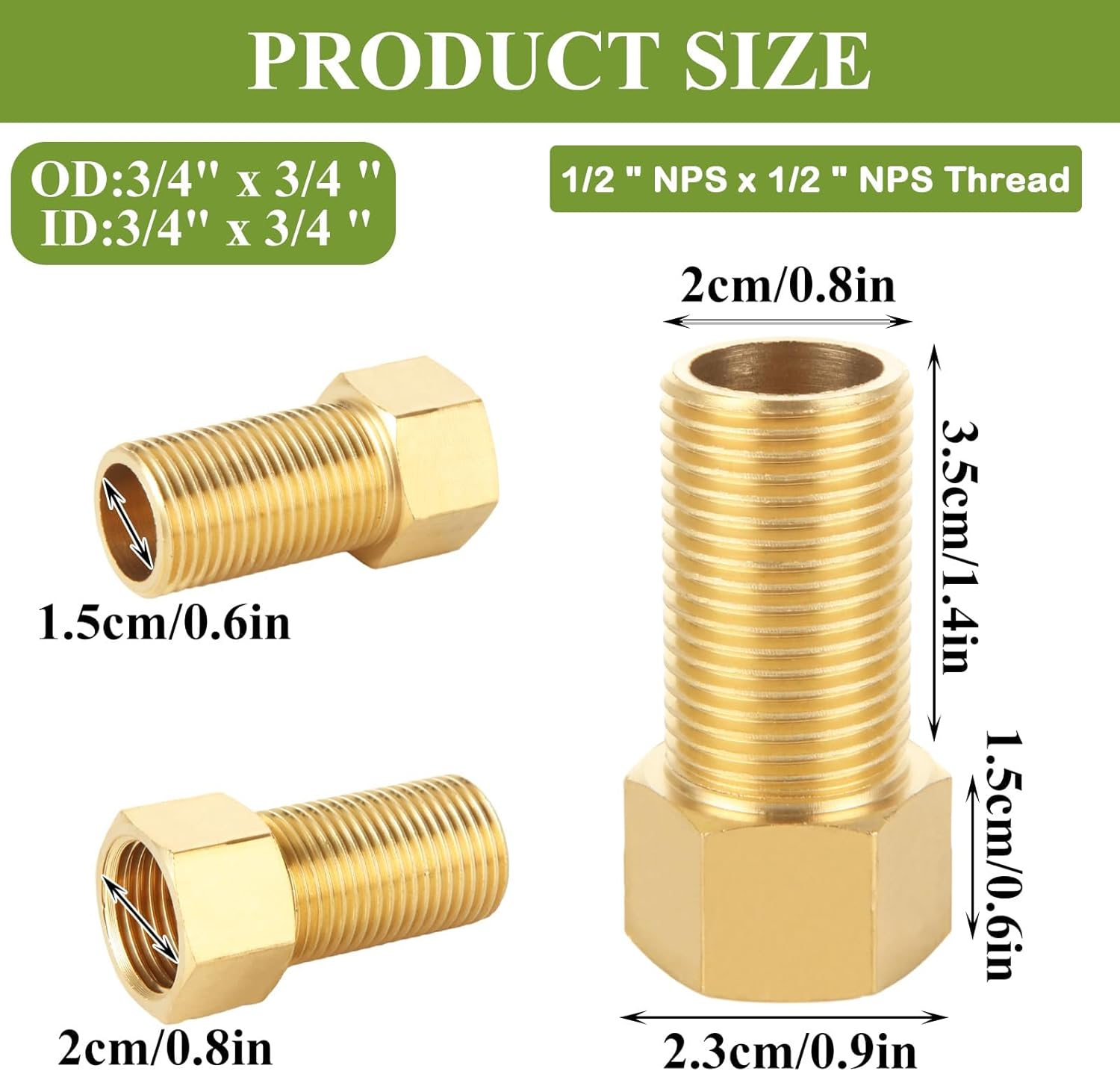 WOPPLXY 10 PCS Brass Pipe Fittings, 1/2" Female to 1/2" Male Pipe Longer Fitting Converter Adapter, 1/2 inch Brass Extension Pipe Nipple Connector(Length 1.96 Inch/50 mm)