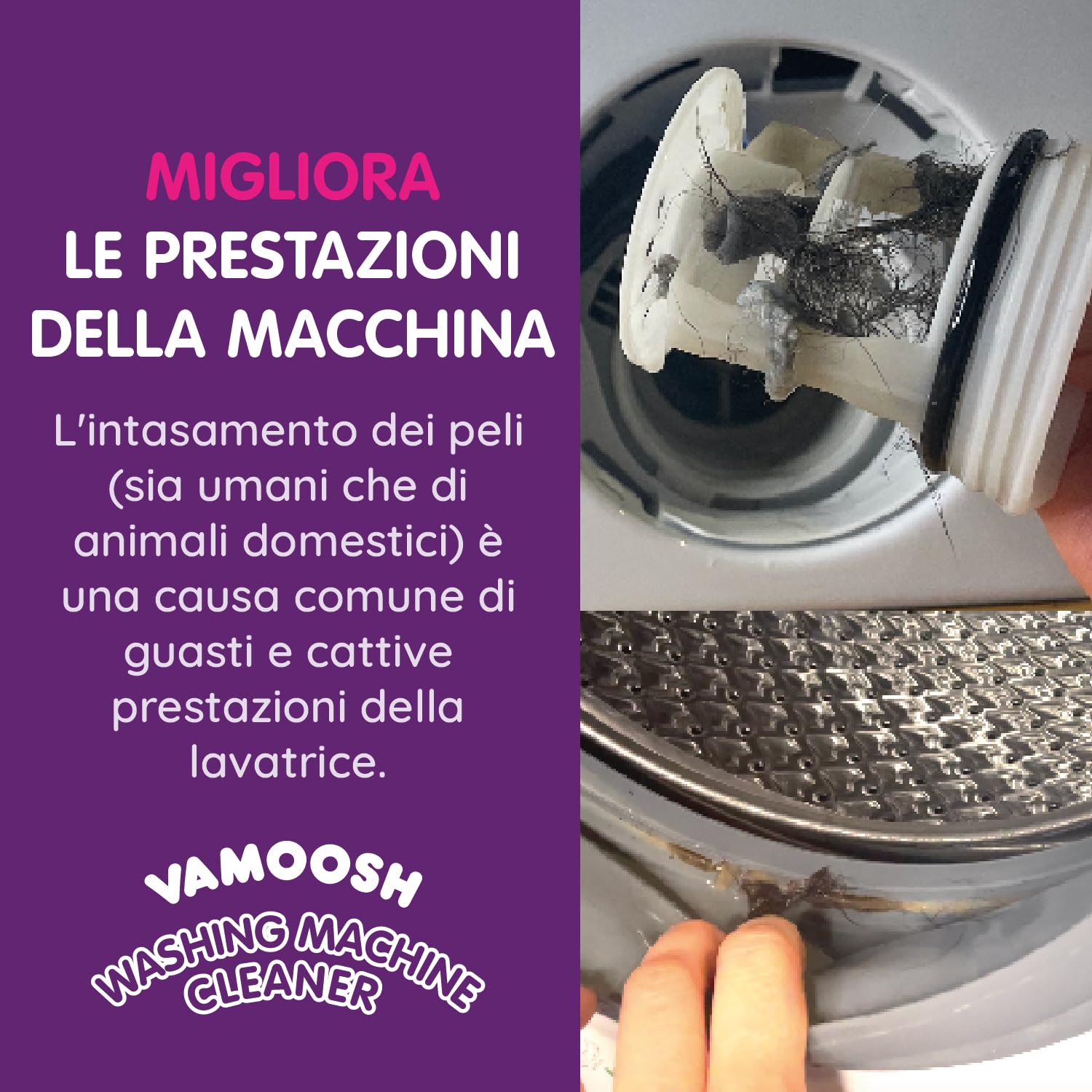 Vamoosh Pulitore Lavatrice 6 in 1, profumo cotone fresco. Scioglie peli, elimina odori e calcare, pulisce in profondità, lascia profumo fresco, antibatterico, disincrosta, 2 lavaggi