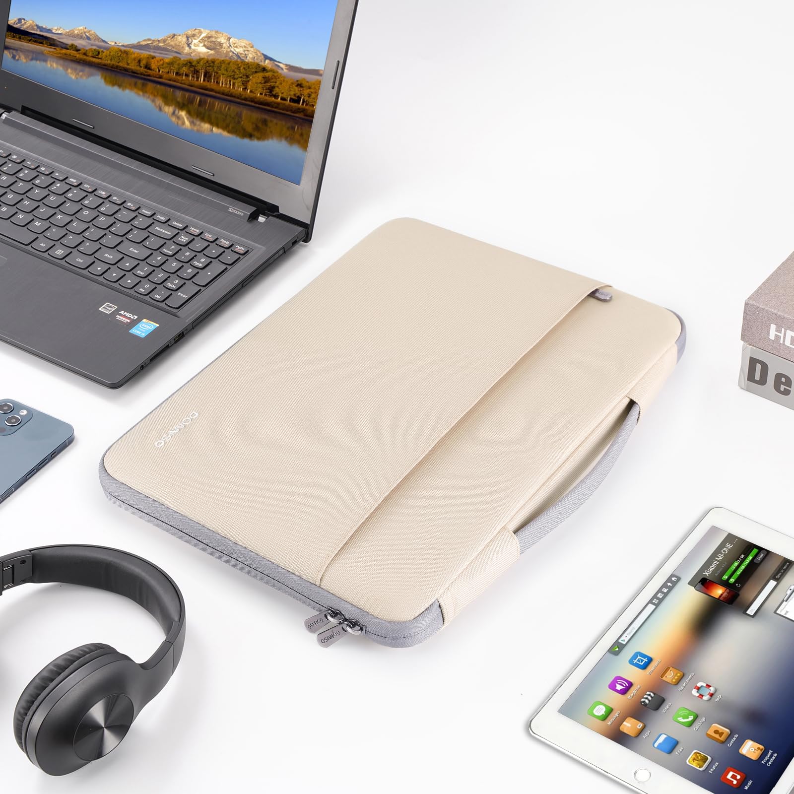 DOMISO 14 Pulgada Funda Ordenador Portátil Impermeable Protectora Bolsa con asa Portátil para 14" Lenovo ThinkPad A475 L480 T490s/Dell Latitude 5490 7490/HP ProBook 640 645,Beige
