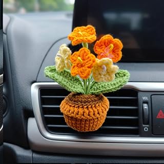 Handmade Crochet Car Vent Clip, Cute Knitted Potted Flower Plants Car Air Freshener, Aesthetics Dashboard Decorative Automotive Interior Accessories for Women Girls Gift (Forget-me-not, Yellow)