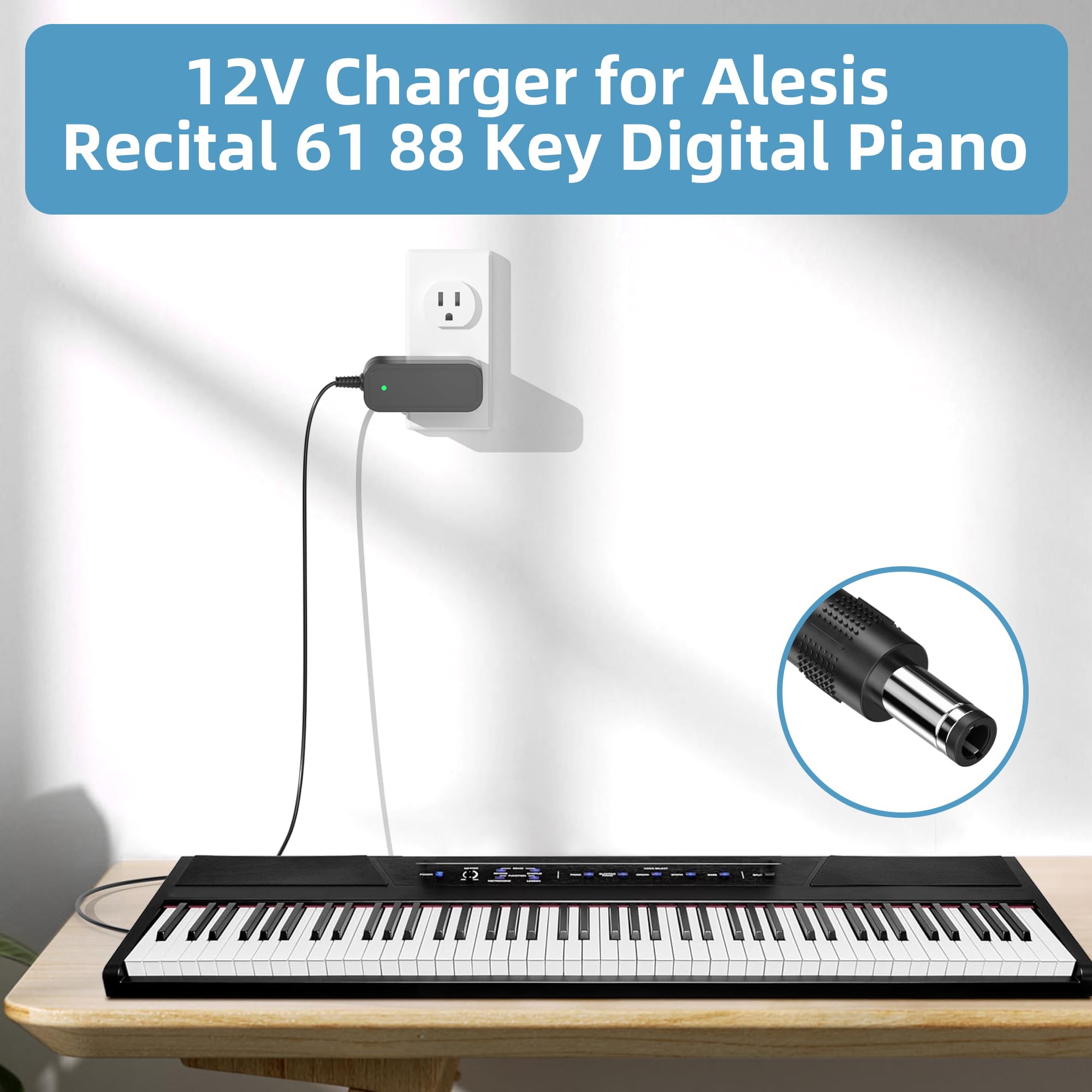 12V Power Cord for Alesis Recital 88-Key 61-Key Digital Piano Keyboard Charger Replacement for Alesis 7-10-1215 Adapter Power Supply