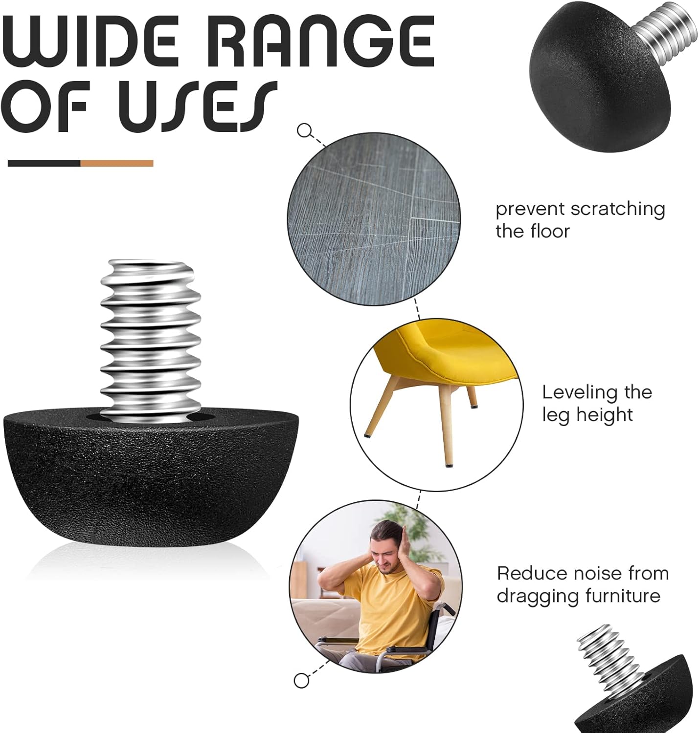 Dunzy 20 Pcs M8 Adjustable Furniture Levelers 20 Pcs, Screw-in Leg Leveling Feet, Black Patio Furniture Replacement Feet for Chair, Table, Cabinet, Desk, Uneven Floor Protection