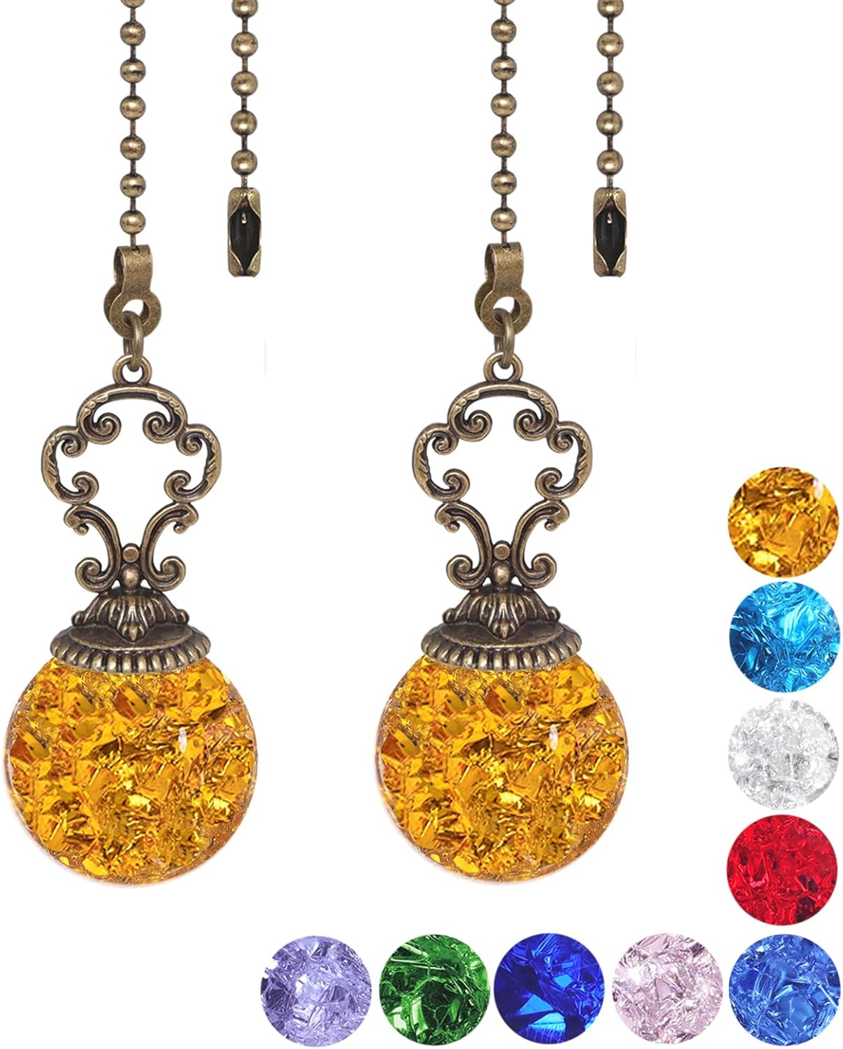 Amber Pull Chain Ceiling Fan Ornaments - 2 Pieces, 30CM Each Chain with Crystal Ice Cracked Ball