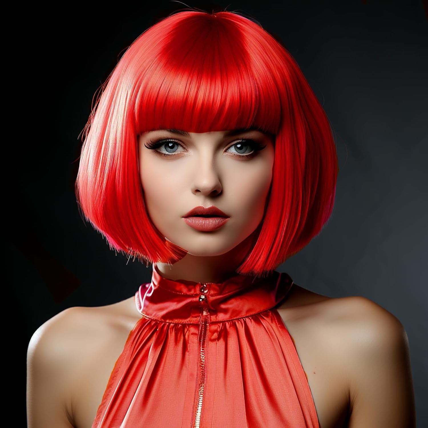 Creamily Short Bob Red Wig with Bangs, Colorful Wig for Halloween Daily Cosplay & Party Use