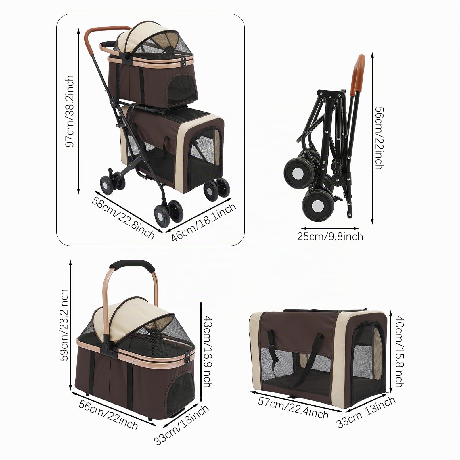 Carrito para Perros de 2 Niveles, Plegable, 35 kg, 2 Transportines Café