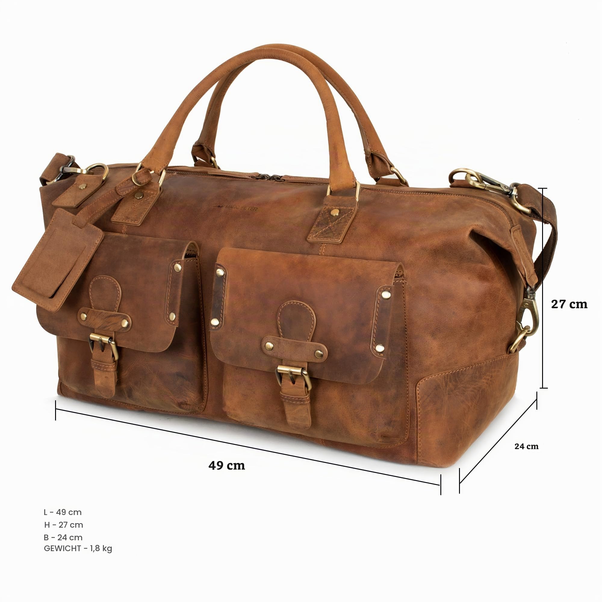 Marc Peter® Keneddy Reisetasche | Herren Vintage Bräune Leder Weekender zum Umhängen Overnight Duffle Bag | Echtes Buffleder Großes XL Reisegepäck Tasche fur Herren und Damen