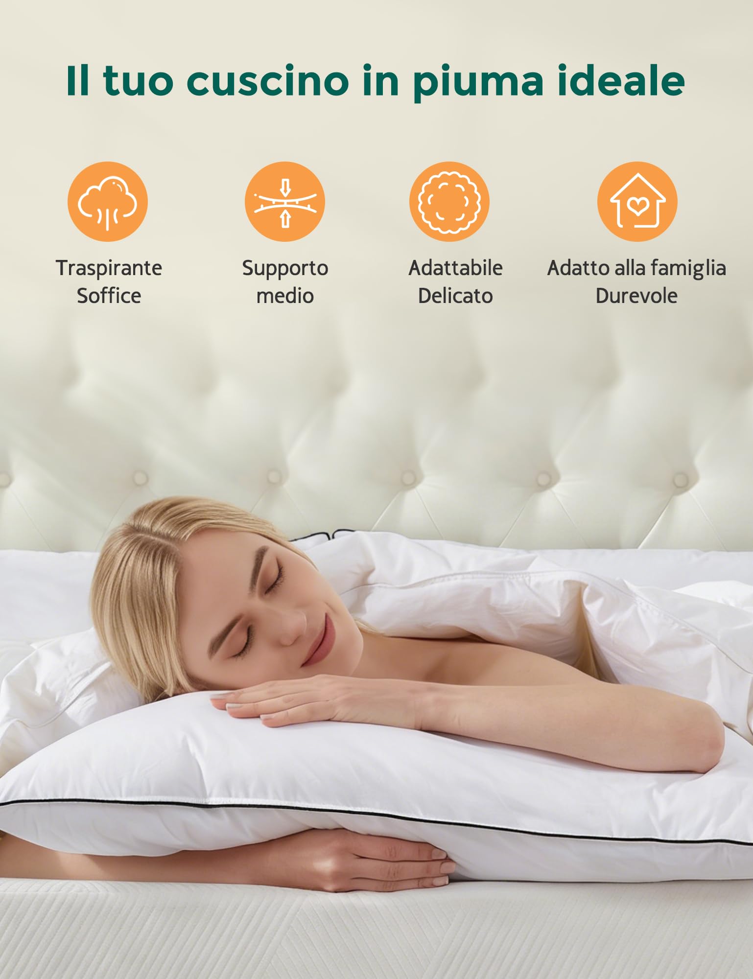 APSMILE Cuscino in piuma 50x75 con imbottitura a 3 scomparti - cuscino 50x75 100% cotone organico, morbido e di sostegno (Bianco, 2 pezzi)