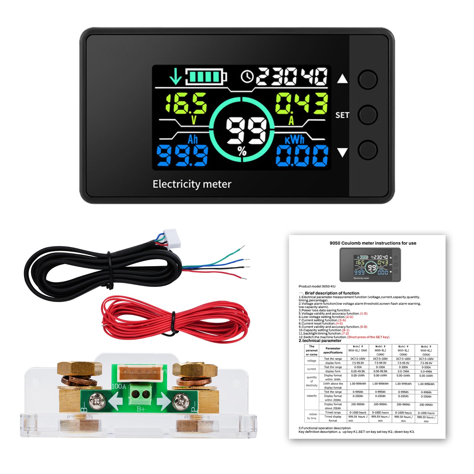 DEWIN Battery Monitor,DC 7.5-100V 100A Battery Monitor Shunt Monitor Batterie Amperometro Digitale 12V Amperometro e Voltmetro per Batteria Auto con display LCD