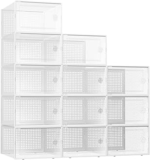 Kuject XX-Large Shoe Storage Boxes Organizers Clear Plastic Stackable 12 Pack, Shoe Rack & Holder Substitute, Sneaker Containers, Toy Storage Organizer Bins for Entryway, Closet, Under Bed, White
