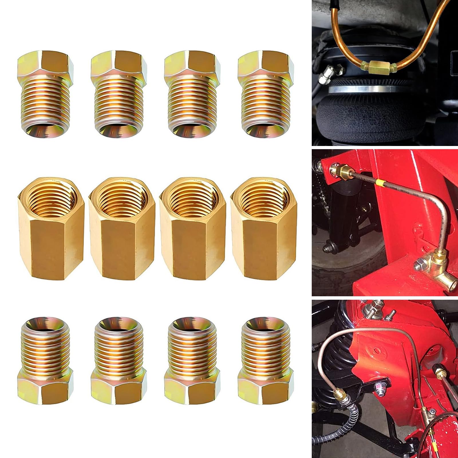 12 PCS Car 3/16" Brake Pipe Fitting Set, 3/8" 24 Threaded Brake Fitting Replacement, Brass Rust-proof and Durable Inverted Flare Brake Line Unions with Nut, Universal for Cars (Gold)