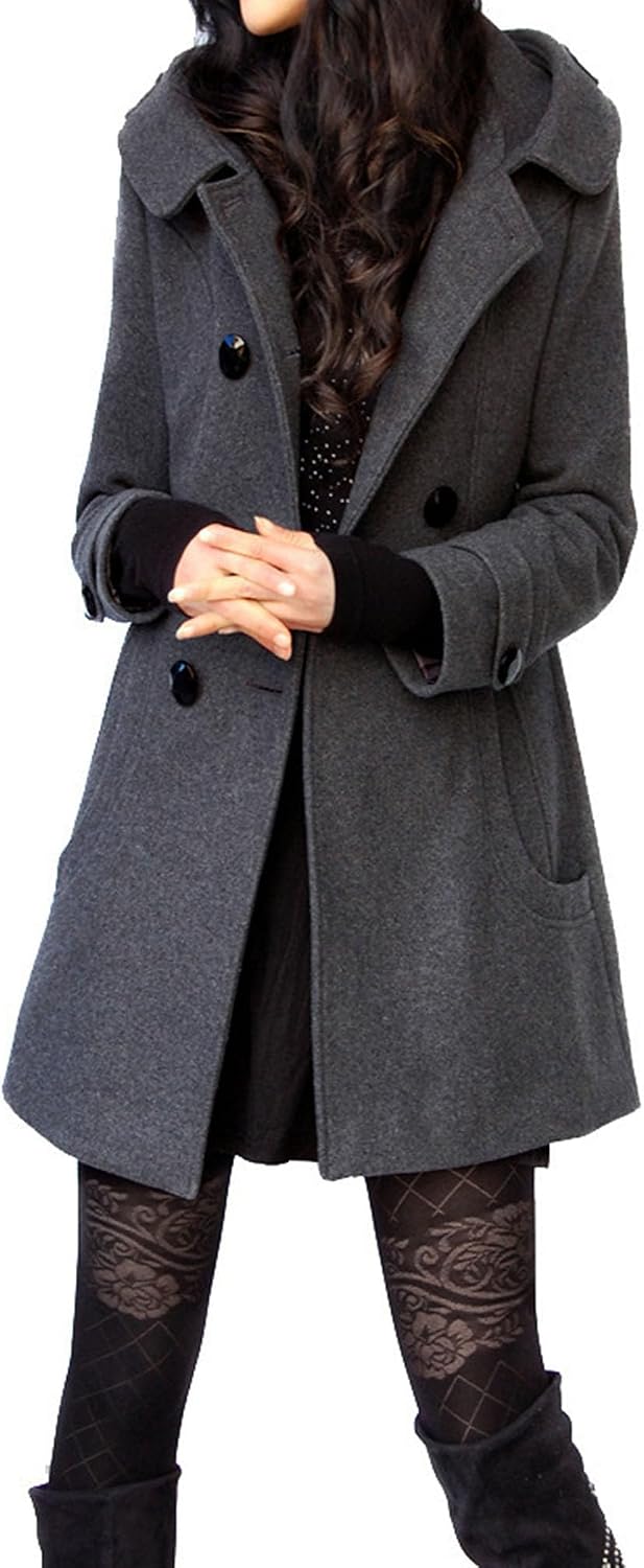 Maiyifu-GJ Womens Winter Wool Overcoat Double Breasted Wool Blend Trench Coat Mid Long Jacket Outerwear with Hood