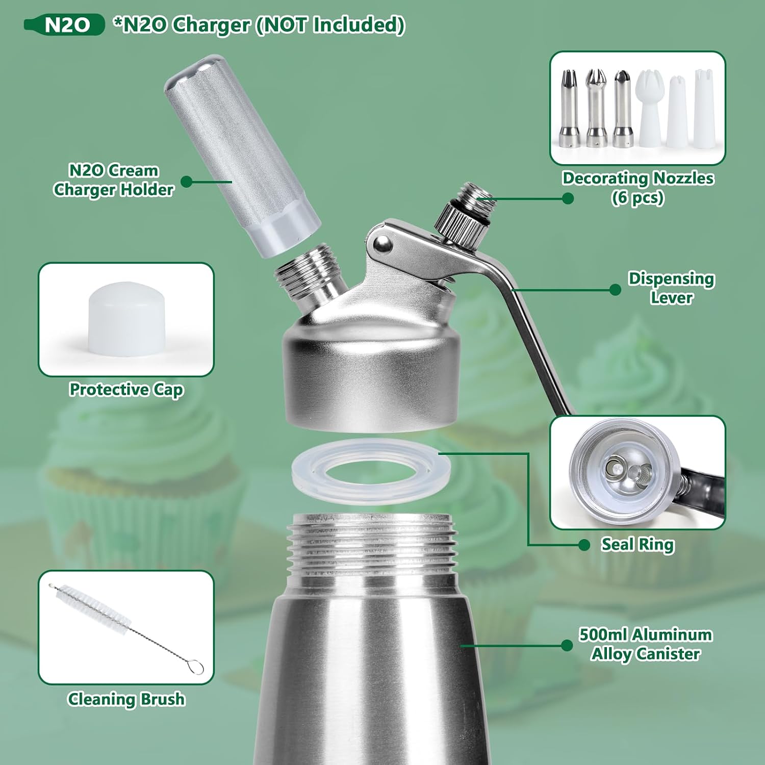 Whipped Cream Dispenser 500ml, 1 Pint Aluminum Whipped Cream Canister with 6 Decorating Nozzles, Leak-Proof Whipped Cream Maker Cream Whipper for Desserts & Drinks（N2O Charger not Included）