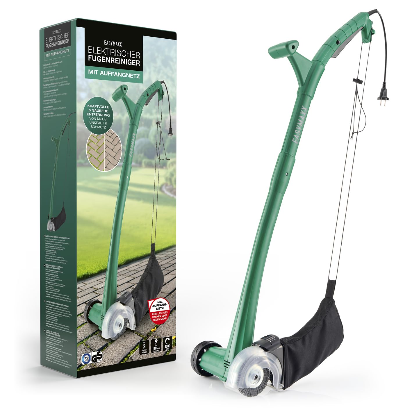 EASYmaxx Spazzola elettrica per la pulizia, spazzola per la pulizia con 2 spazzole incluse, spazzola per fughe e dispositivo di pulizia, inclusa rete di raccolta da 1,​3 litri, ruota di guida