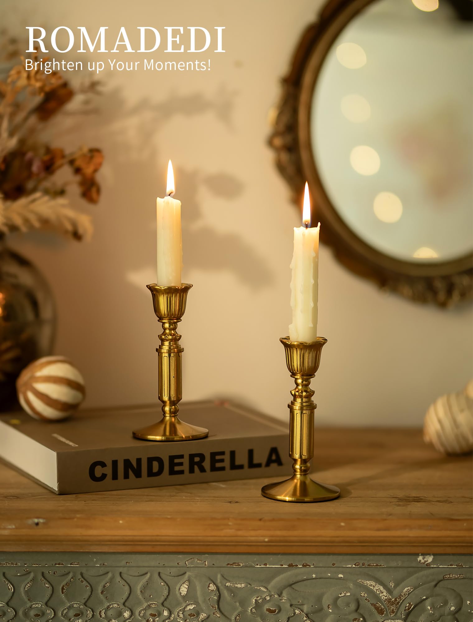 Romadedi Vintage Kerzenständer für Stabkerzen, 6er-Pack, Gold，14cm | Antike Messingoptik; Für Esstisch, Wohnzimmer, Hochzeit, Weihnachten und Adventsdekoration