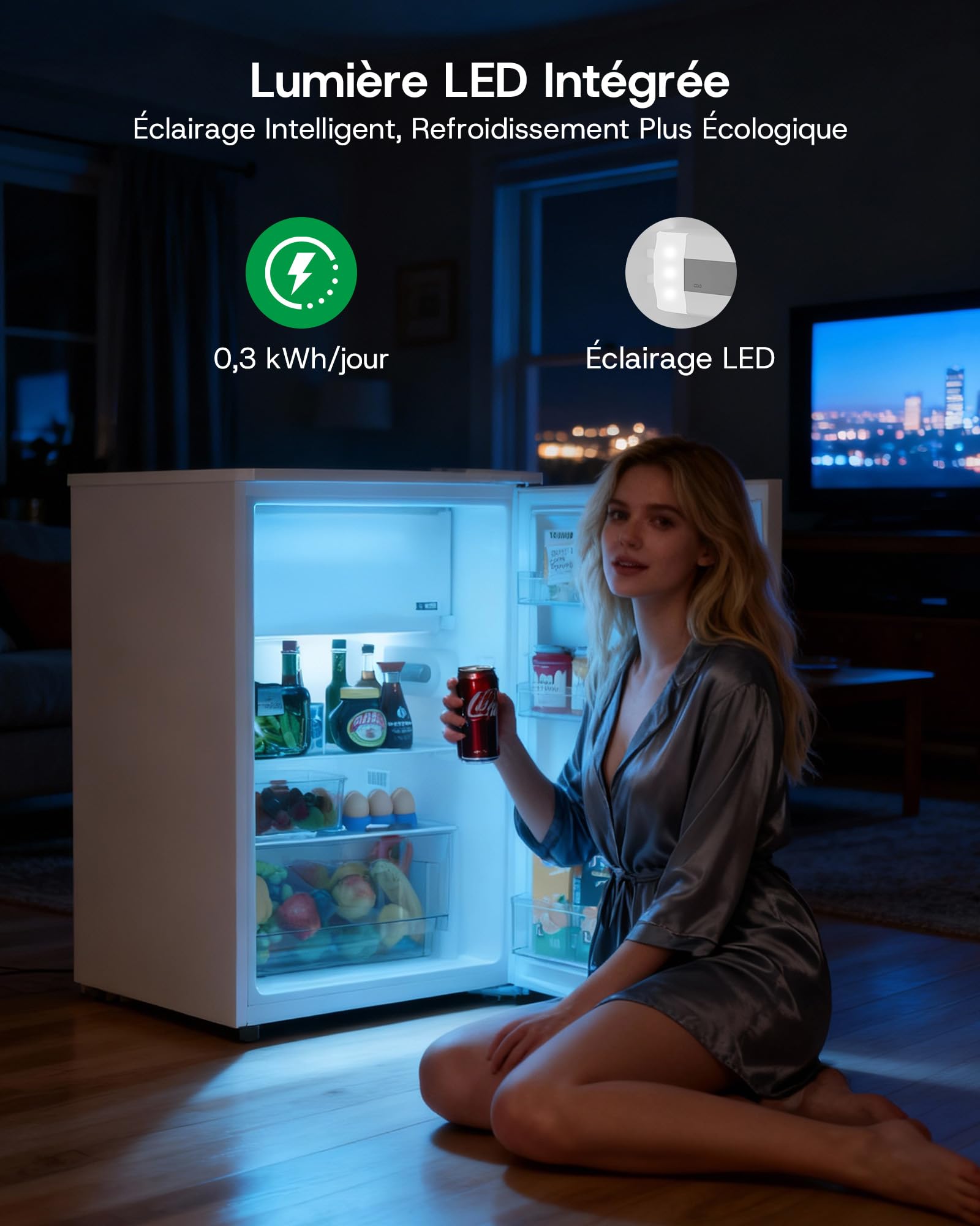 Upstreman 115L Réfrigérateur avec Congélateur (101L+14L), Petit Frigo avec Contrôle Électronique de la Température,84.7cm x 55.6cm,Éclairage LED,Porte Réversible, Petit Réfrigérateur, Blanc, CR115