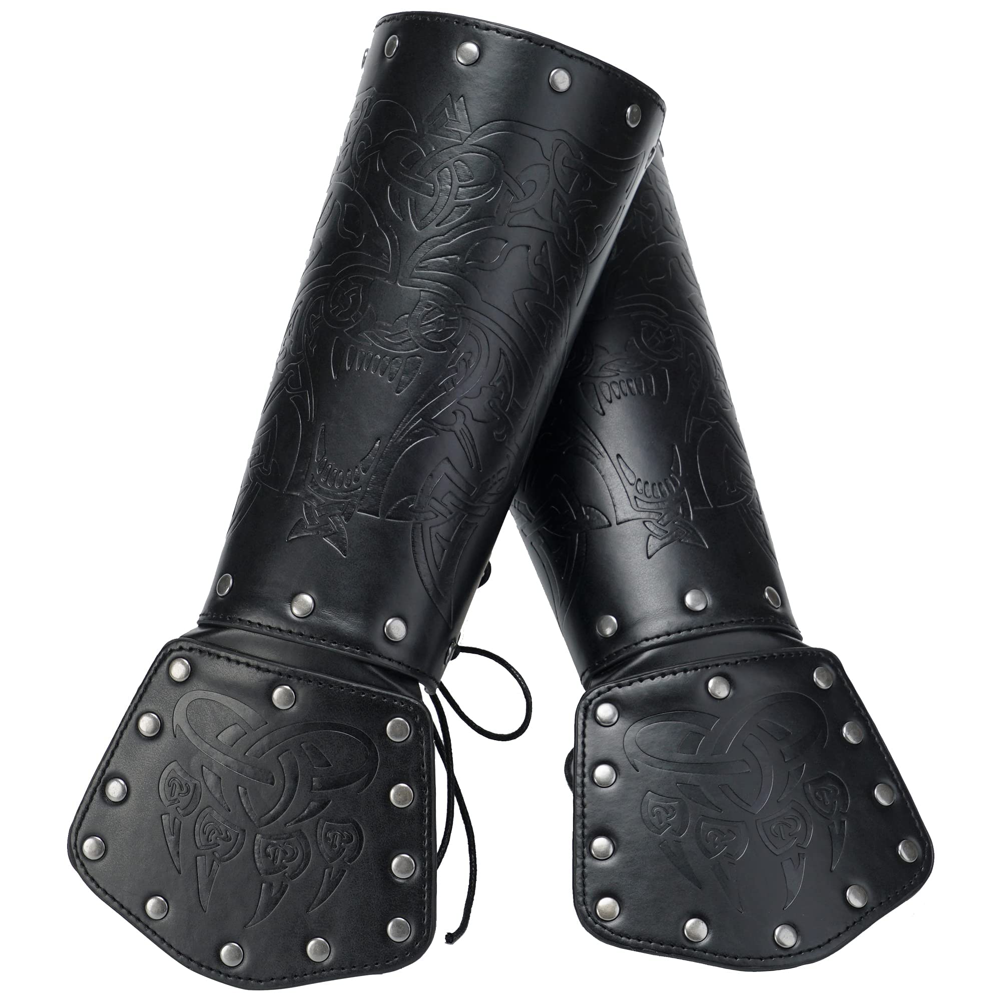 Hiifeuer Unisex Black Viking Bracer Embossed Fenrir Mjolnir Faux Leather Arm Armor, Medieval Pu Leather Arm Bracers For Larp (Black)