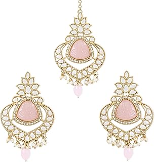 i jewels Gold Plated Traditional Kundan Pearl Chandbali Earrings With Maang Tikka For Women/Girls (TE3031)-picture-31