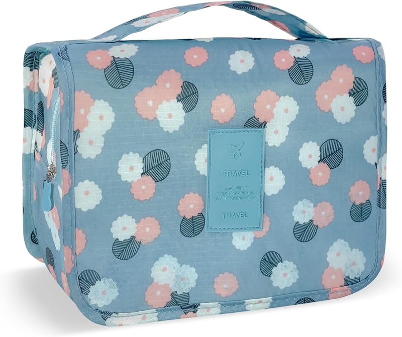 Necessaire de viagem Lcsmaokin com gancho, compartimentos e estampa C-Blue Flower