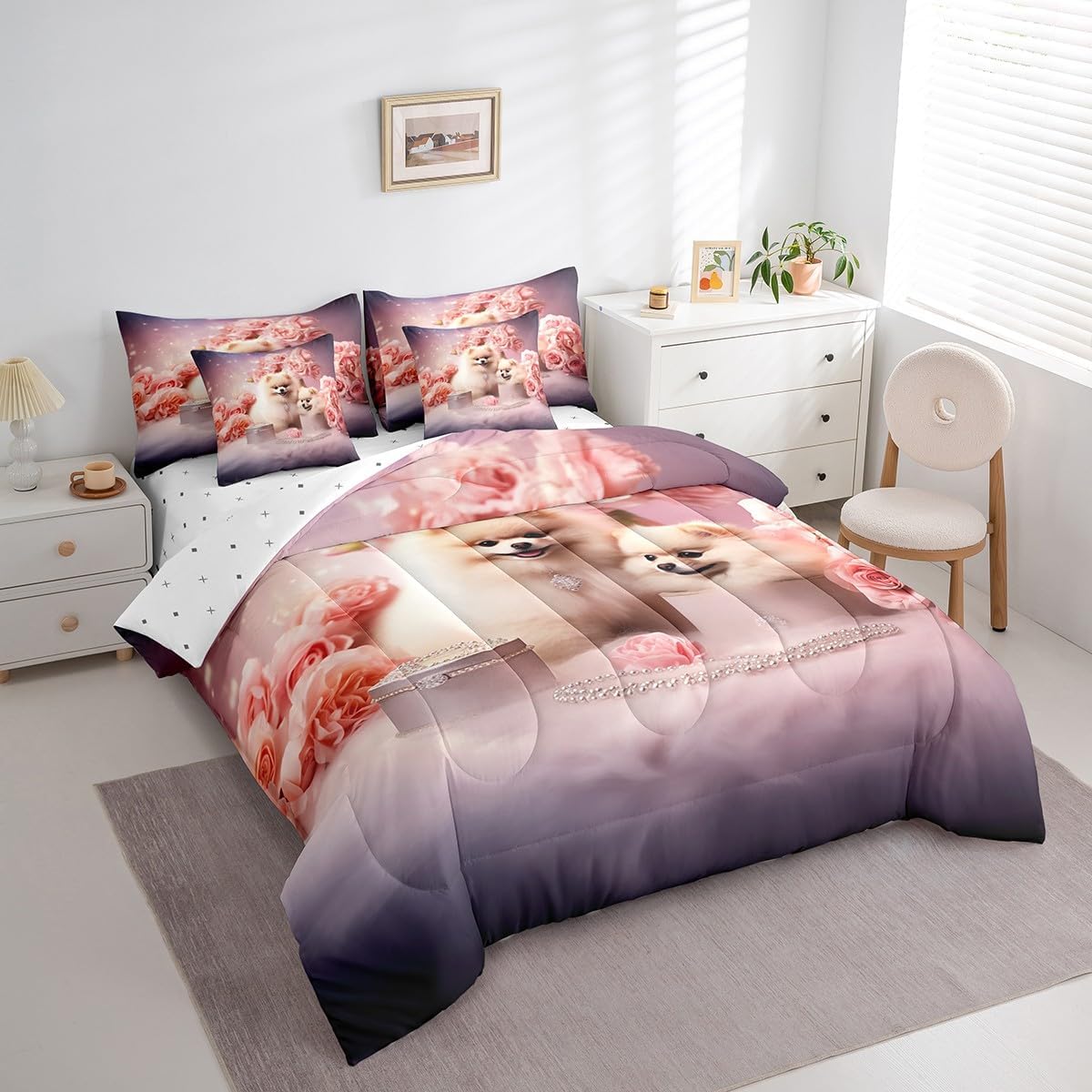 Erosebridal Pomeranian Dog Comforter Set Twin 7 Piece Cute Puppy Dog Bed in a Bag Animal Gifts for Pet Lovers,Romantic Pink Rose Flower Bedding Set with 2 Sheets,2 Pillowcases,2 Throw Pillow Covers