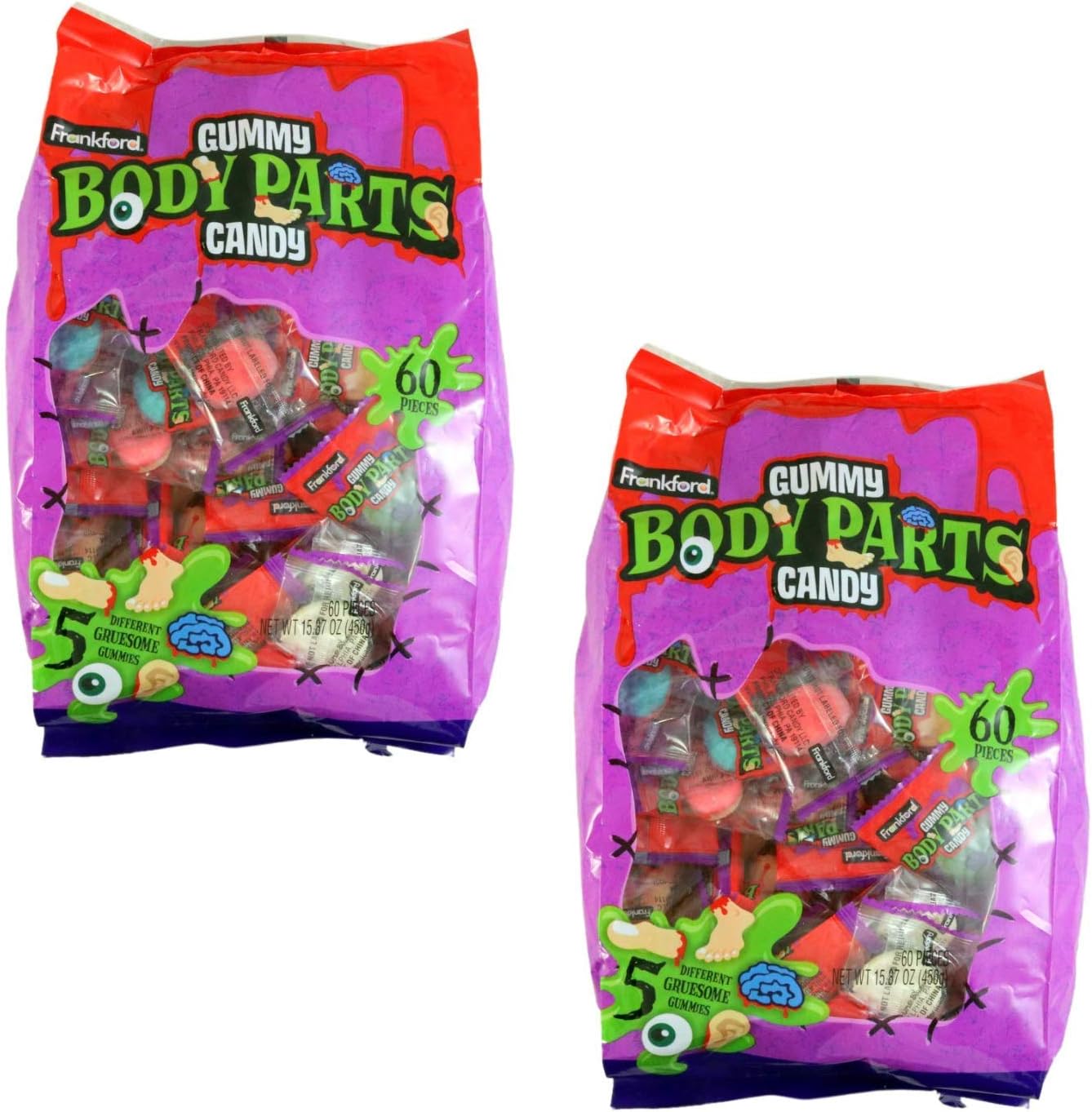 Halloween Assorted Gruesome Gummy Body Parts Candy, 15.87 oz Bag (2)