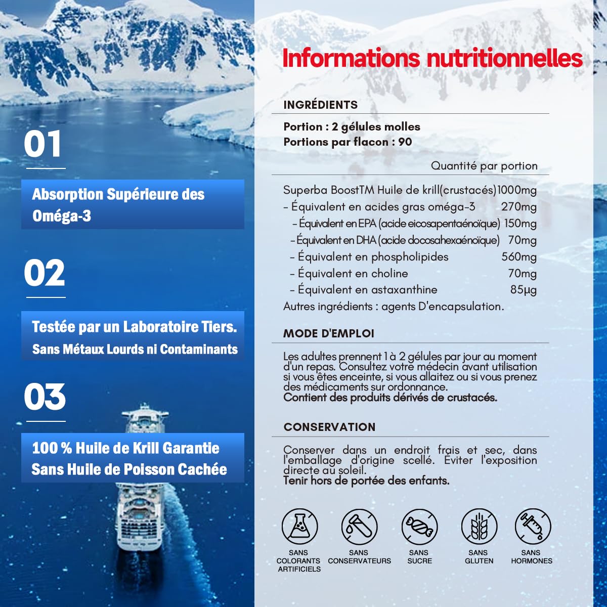 NYO3 Huile de Krill Pure d'Antarctique 1000mg Oméga-3, 56% de Phospholipides pour une Absorption Optimale des Nutriments, Complexe Choline et Astaxanthine pour le Cœur et le Cerveau, 90 Gélules