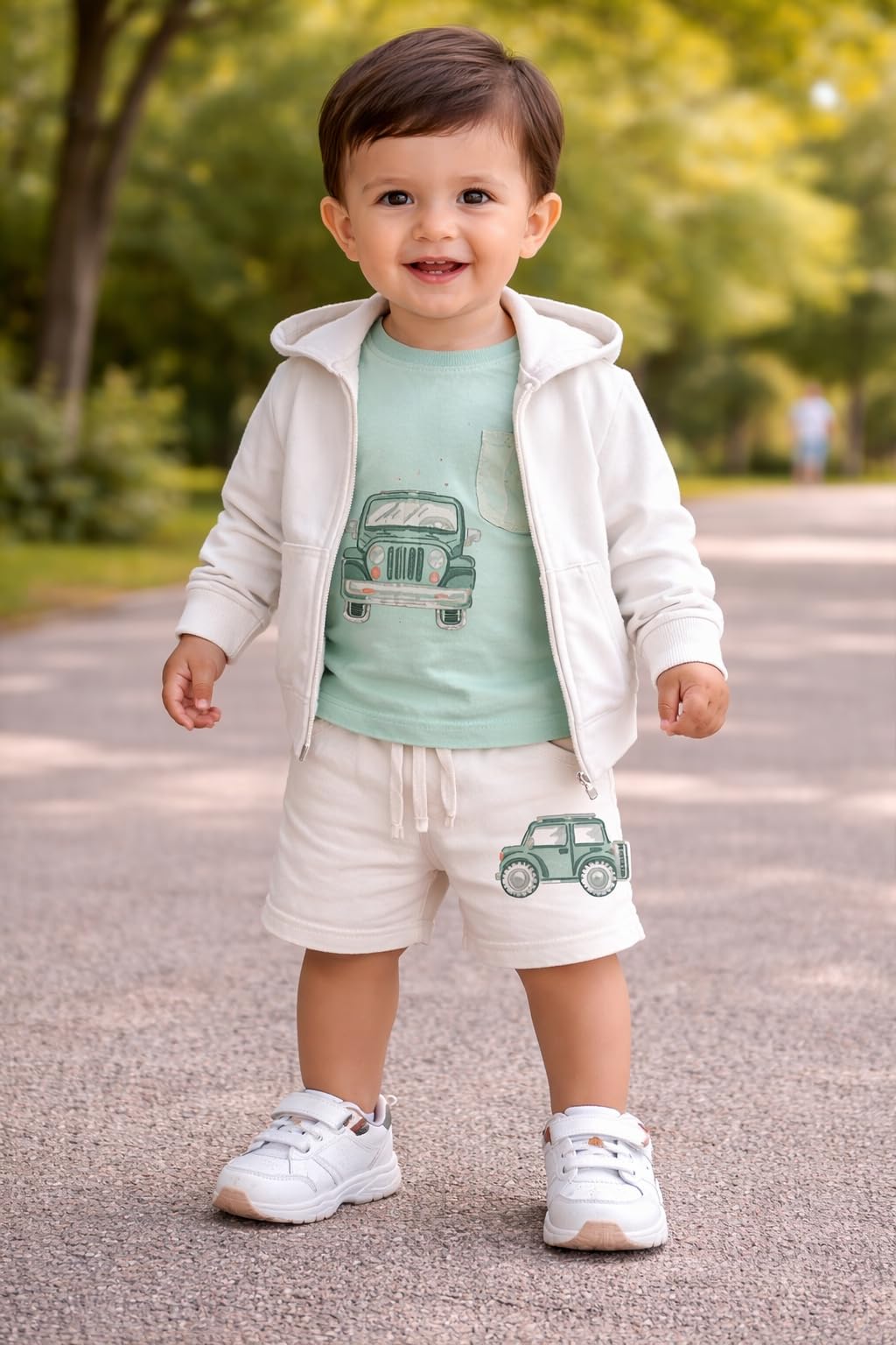 Mayoral Completo estivo per bambino 24 mesi - 92 cm con felpa zip - t-shirt e pantaloncino beige tema jeep