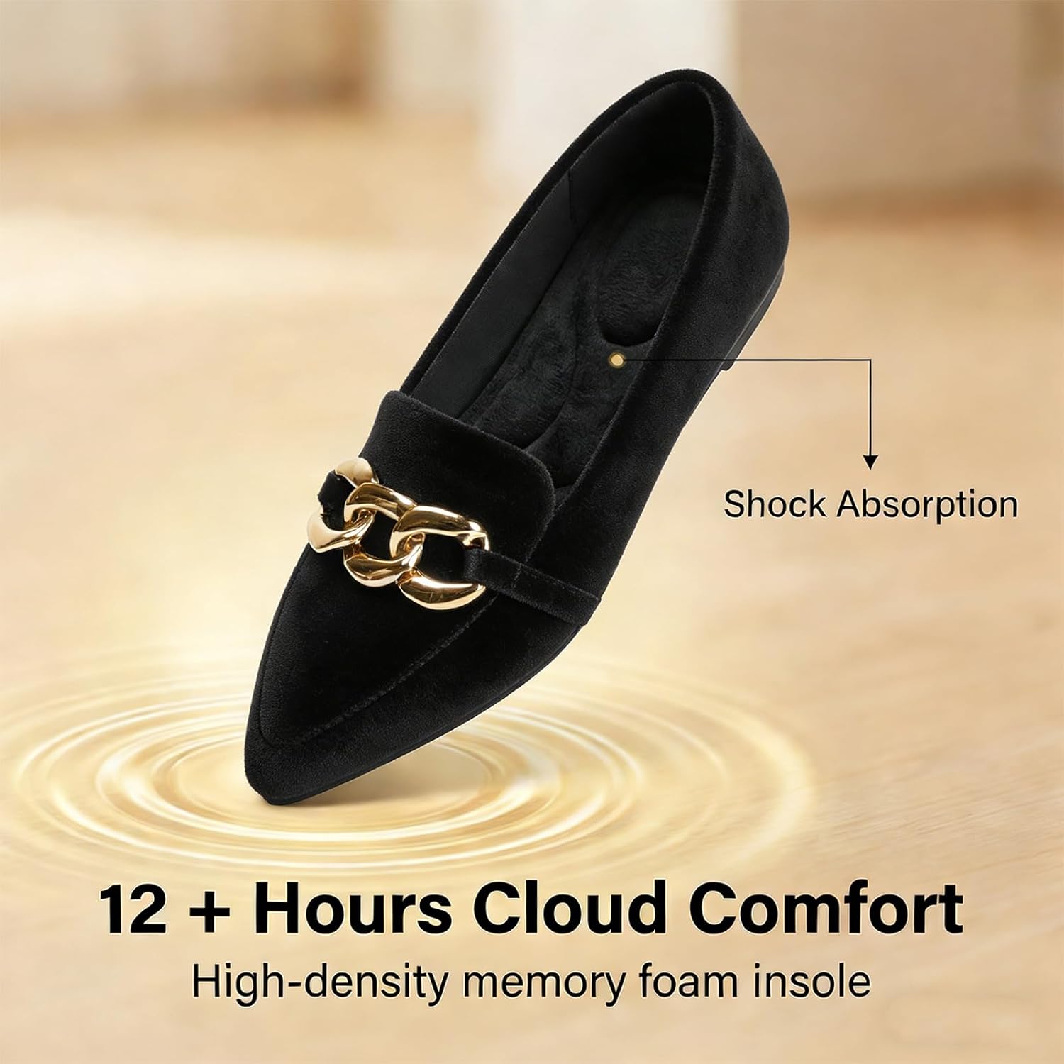 MUSSHOE Loafers for Women Comfortable Flats: Pointed Toe Suede Slip On Dress Shoes with Gold Chain - Memory Foam Arch Support for Business Casual Work Office - Image 4