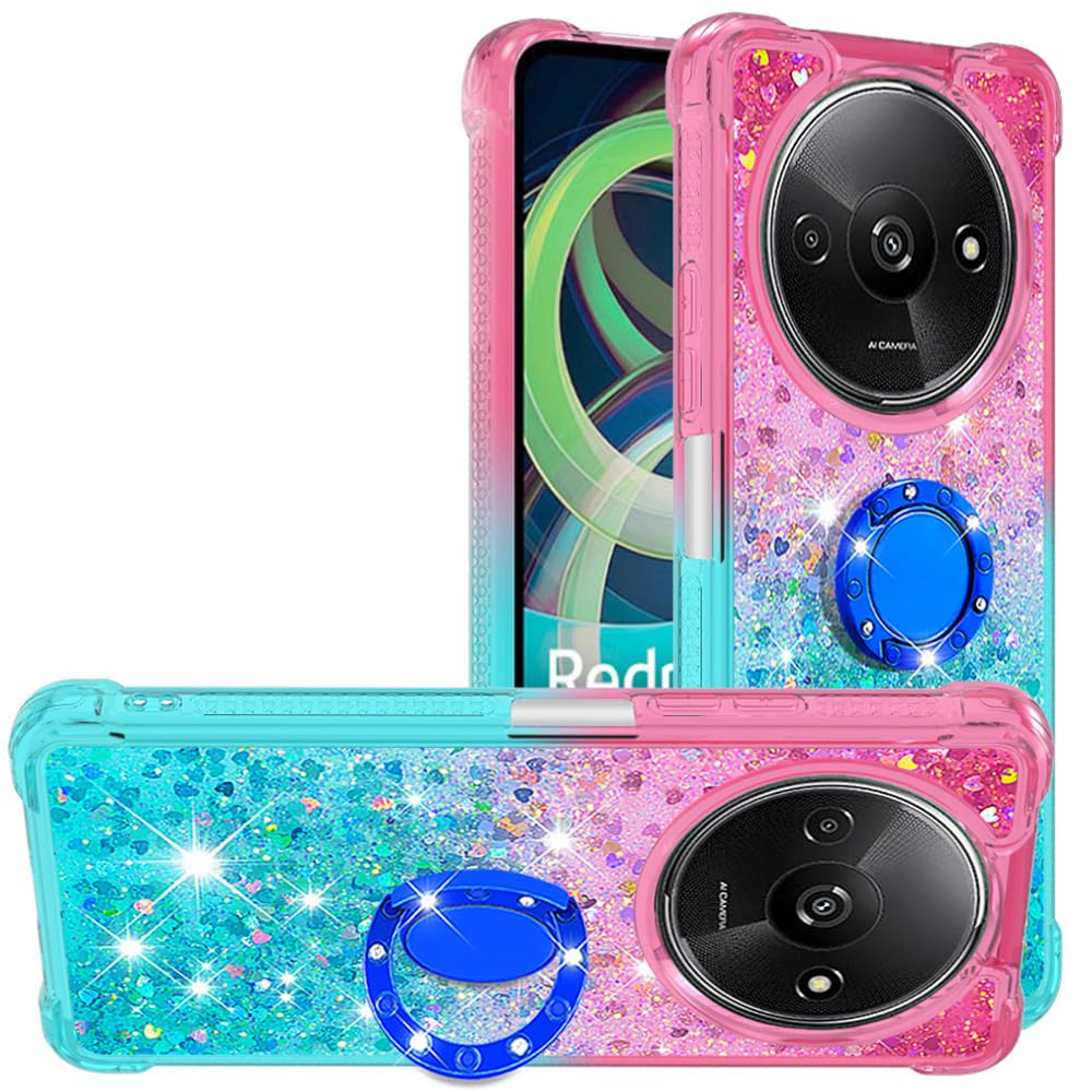 Monwutong Slim Fit Case for Redmi A3,Shiny Bling Quicksand Effect TPU Bumper Ring Bracket Case,Four Corners Anti-Fall Protection Cover for Redmi A3,