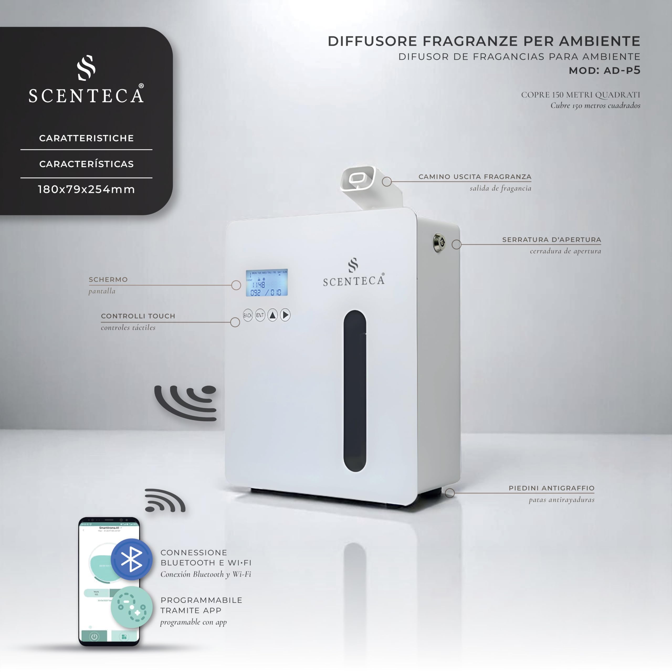 SCENTECA Difusor eléctrico de aceites Esenciales Mod. AD-P5, con Fragancia Té Blanco y Flores de Primavera incluida, nebulización sin Agua, Cobertura hasta 150 m², para casa y Oficina (100 ml)