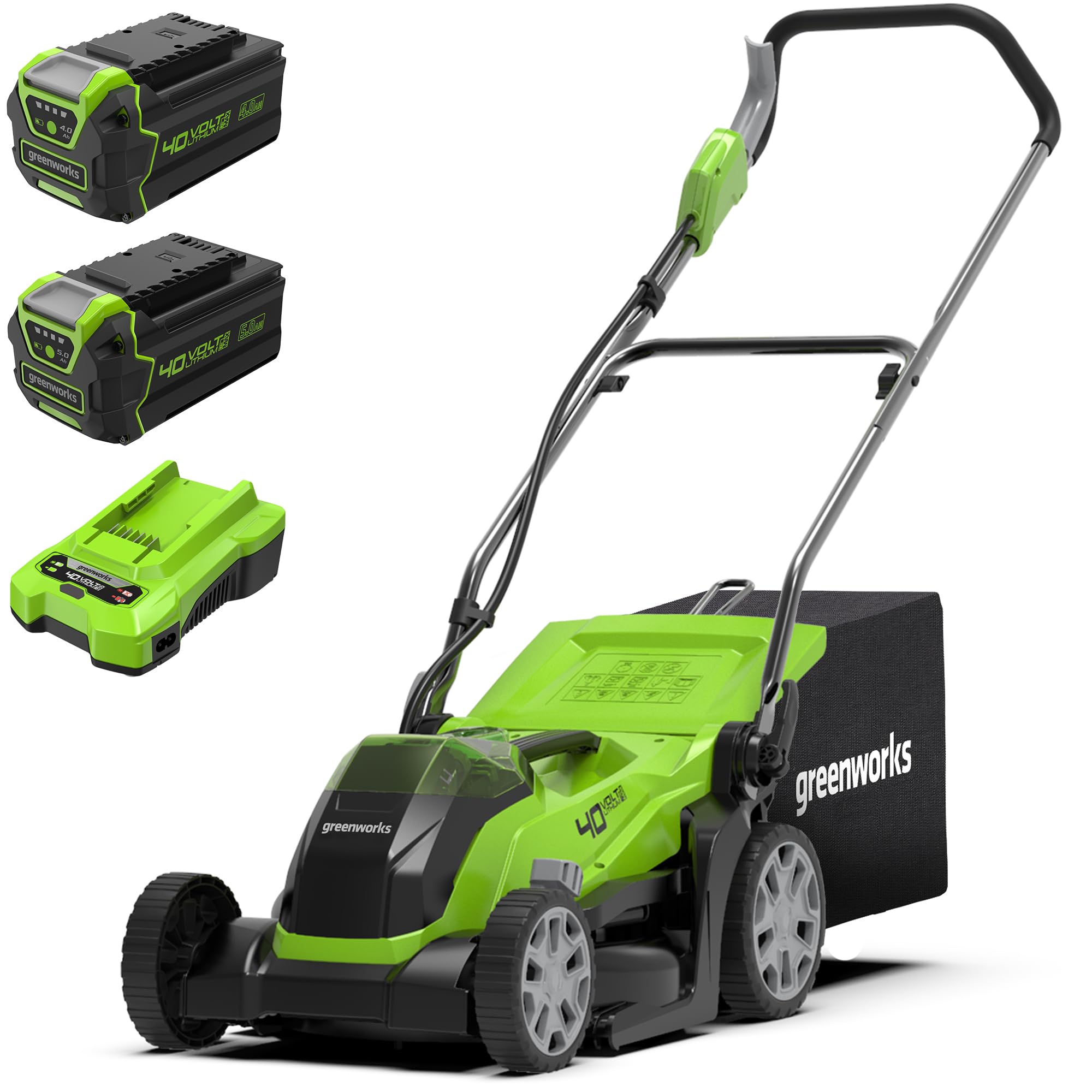 Greenworks Tondeuse à Gazon sans Fil pour Pelouses Jusqu'à 400m², Largeur de Coupe de 35cm G40LM35 & Batterie 40V 4Ah et Chargeur Universel Puissance 2A - GSK40B4 Plus Batterie 40V 5Ah - G40B5