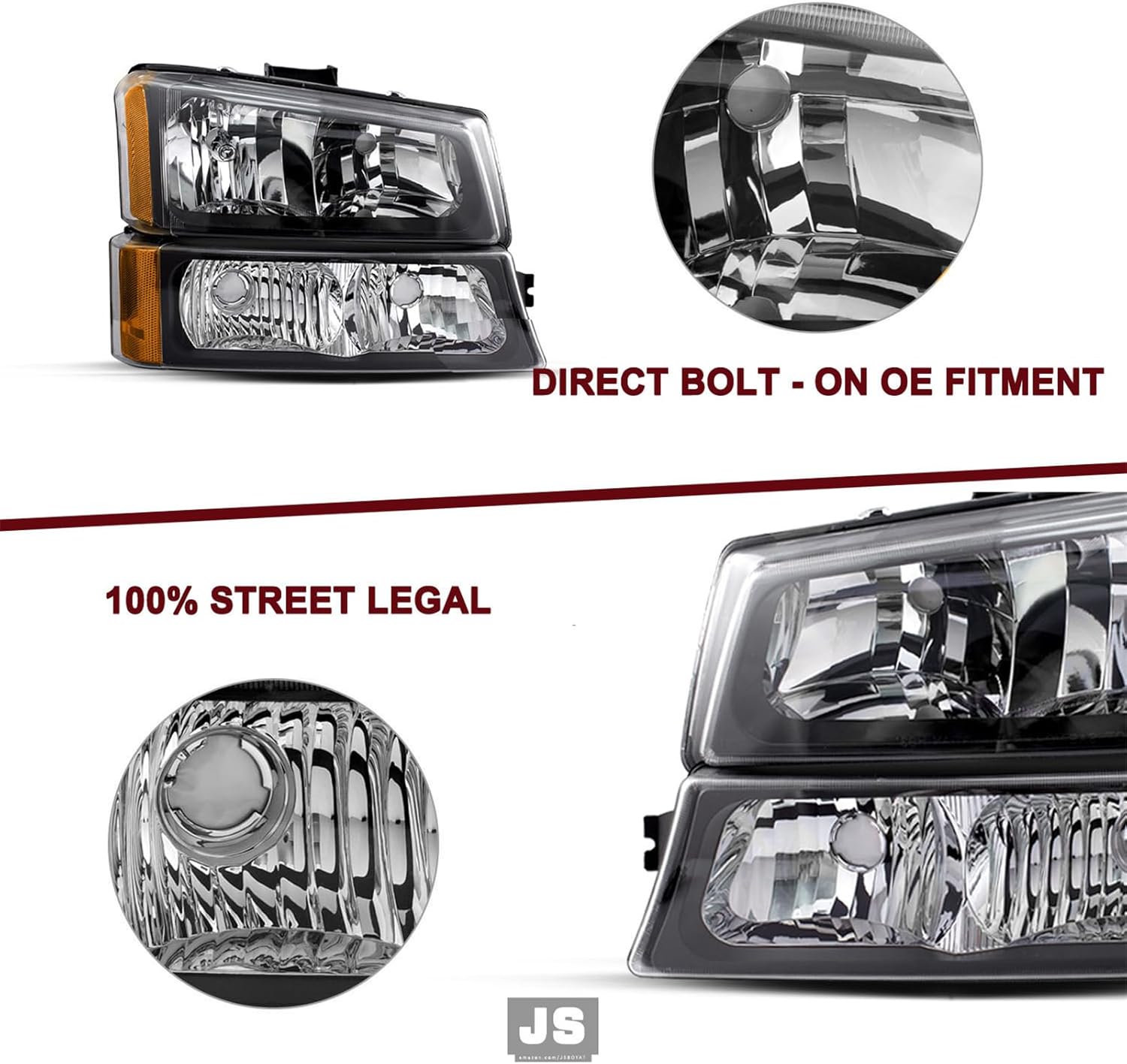 JSBOYAT 4 PCS Headlight Assembly for 2003-2006 Chevy Silverado 1500 2500 3500 HD Avalanche with Bumper Lights Black Housing with Amber Reflector with Bulbs