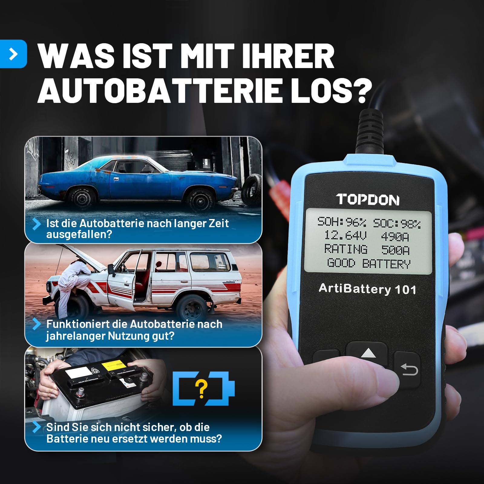 TOPDON AB101 - Batterietester kfz 12V, universal Autobatterie Tester | für Kfz/PKW/Motorrad/SUV, Autobatterie Tester Zustand Starten & Ladesystem Testgerät, mit 6 Sprachen