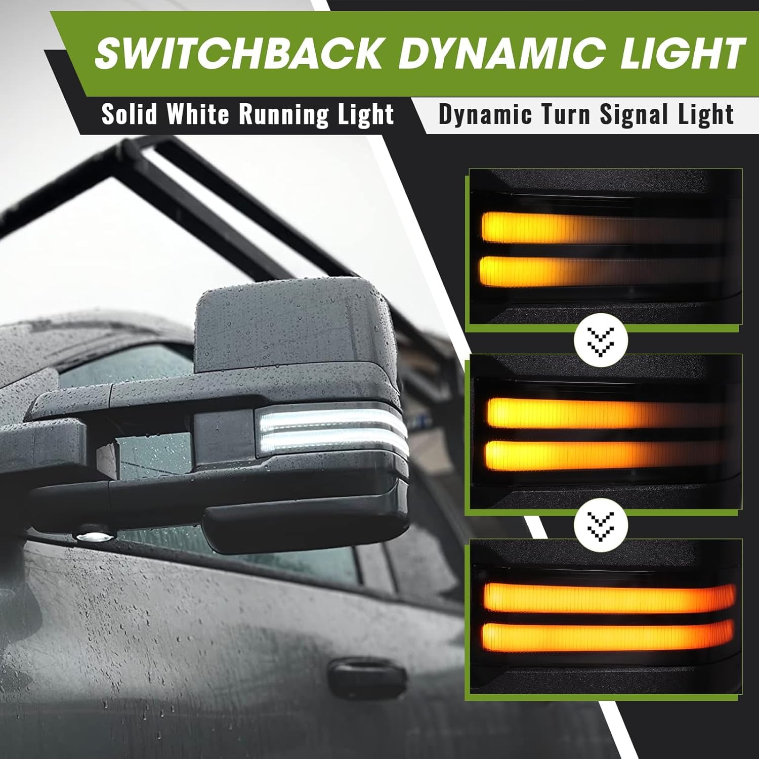 Switchback Towing Mirrors for 2009-2018 Dodge Ram 1500, 2010-2018 Ram 2500 3500, 1500 Classic 2019-2024 with Sequential Signal/Running/Backup/Puddle Lights Extendable Pair(Textured Black)