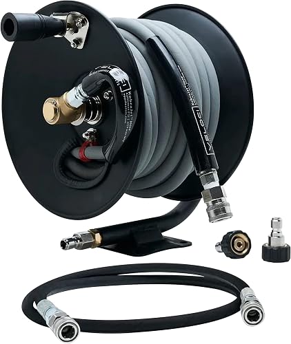 MTM Hydro Reel Kit with Pressure Washer Hose, 100 ft, 3/8 in, Gray