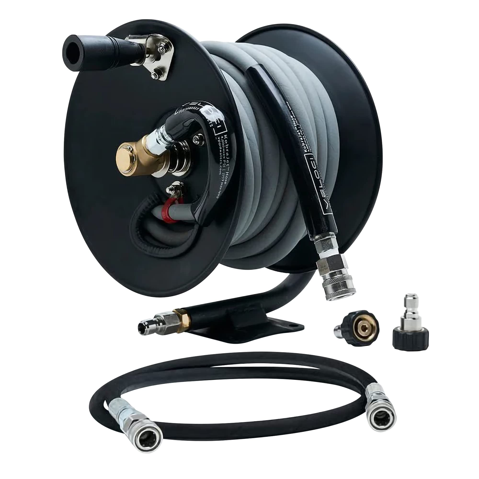 MTM Hydro Pressure Washer Hose Reel Kit, Metal Heavy-Duty Hand Crank Wall Mounted, Commercial Grade with Kobrajet Non-Marking Gray Hose High Pressure 3/8” 4000 PSI 100’ Commercial Grade