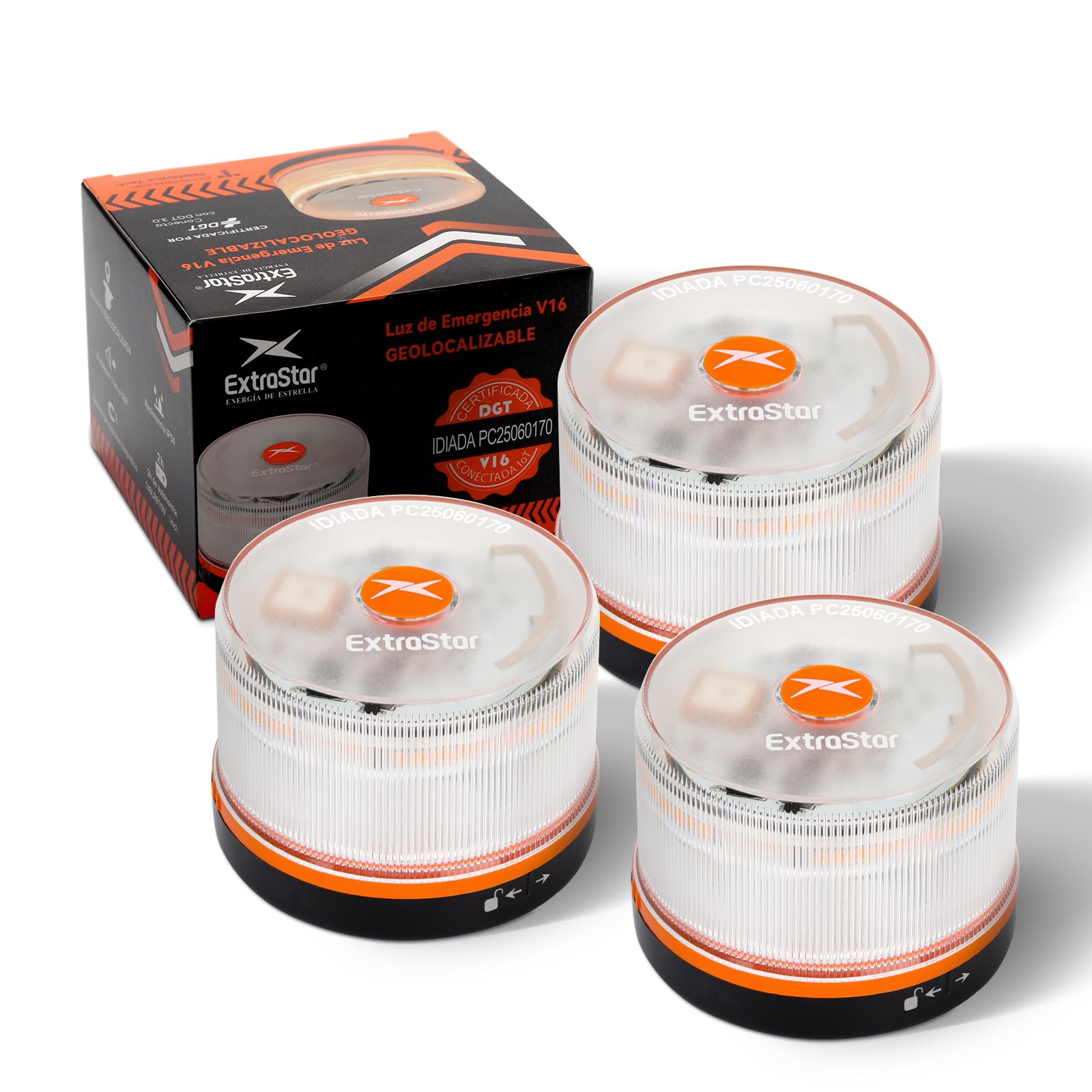 EXTRASTAR Emergency Light V16 Approved DGT with Geolocation 3.0 - Location Warning Cars, Data Plan Included - IP54 Magnetic Base - Compliant 2026, Pack of 3 Units