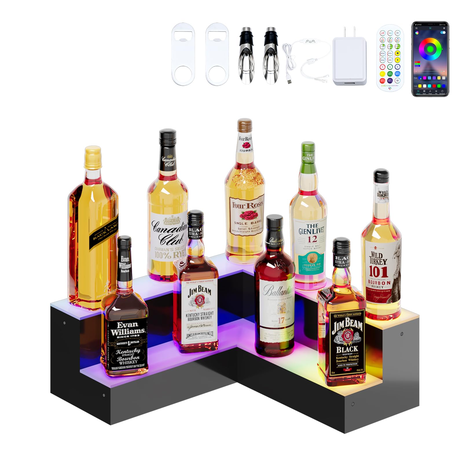 Dethan 2 Tier 20 Inch Liquor Bottle Display Shelf - L-Shape Corner Wine Racks with Multi-Color App &amp; Remote Control, Adjustable Brightness &amp; Sound Modes, Acrylic Bar Shelves for Displays