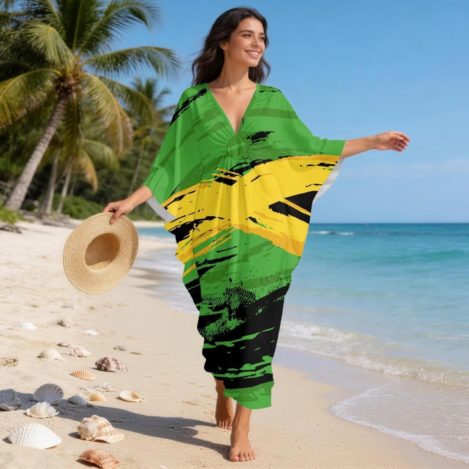 Maxi abito da donna caftano con scollo a V, maniche a pipistrello, copricostume da spiaggia taglie forti abiti estivi da spiaggia