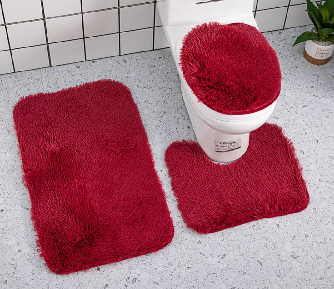 HIQUAY Wine red Bath Mat Rug 3 Piece Set Solid Color Toilet