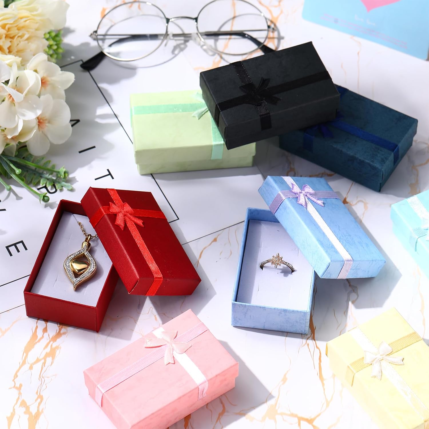 Batiyeer Jewelry Gift Boxes Set Empty Small Gift Cardboard Boxes for Jewelry Packaging with Ribbon Bowknot for Anniversaries Weddings Birthday, 8 Colors(240 Pcs)